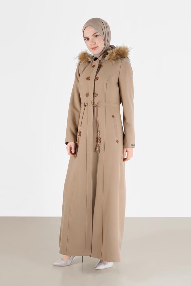 Hijab clothing BROWN FURRY HOODED SMOCKING DETAIL COAT 90216  - ALVİNA