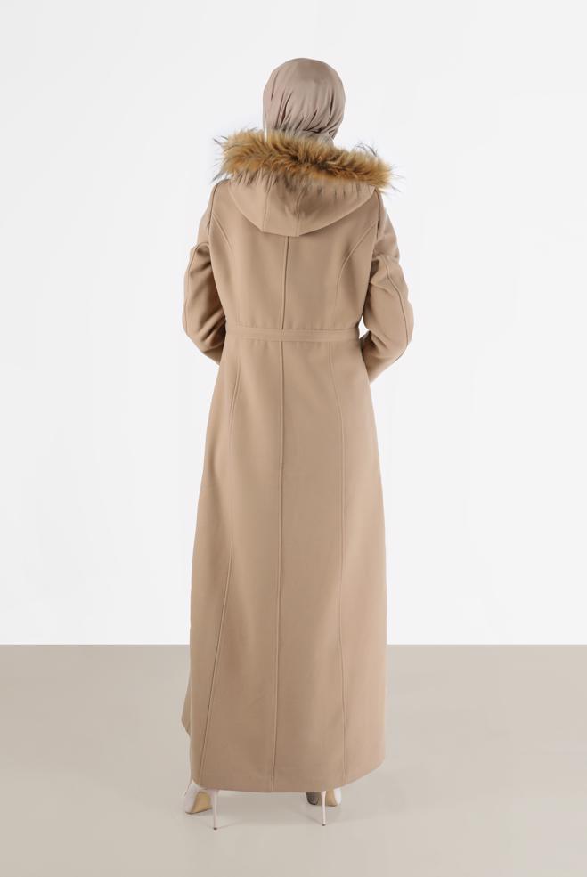 Hijab clothing BROWN FURRY HOODED SMOCKING DETAIL COAT 90216  - ALVİNA