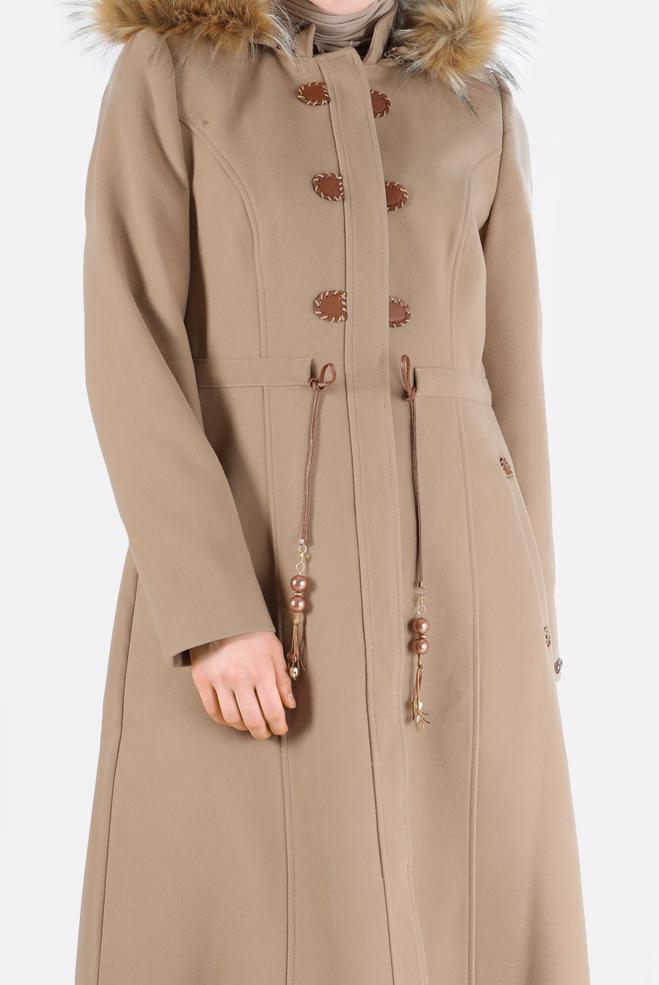 Hijab clothing BROWN FURRY HOODED SMOCKING DETAIL COAT 90216  - ALVİNA