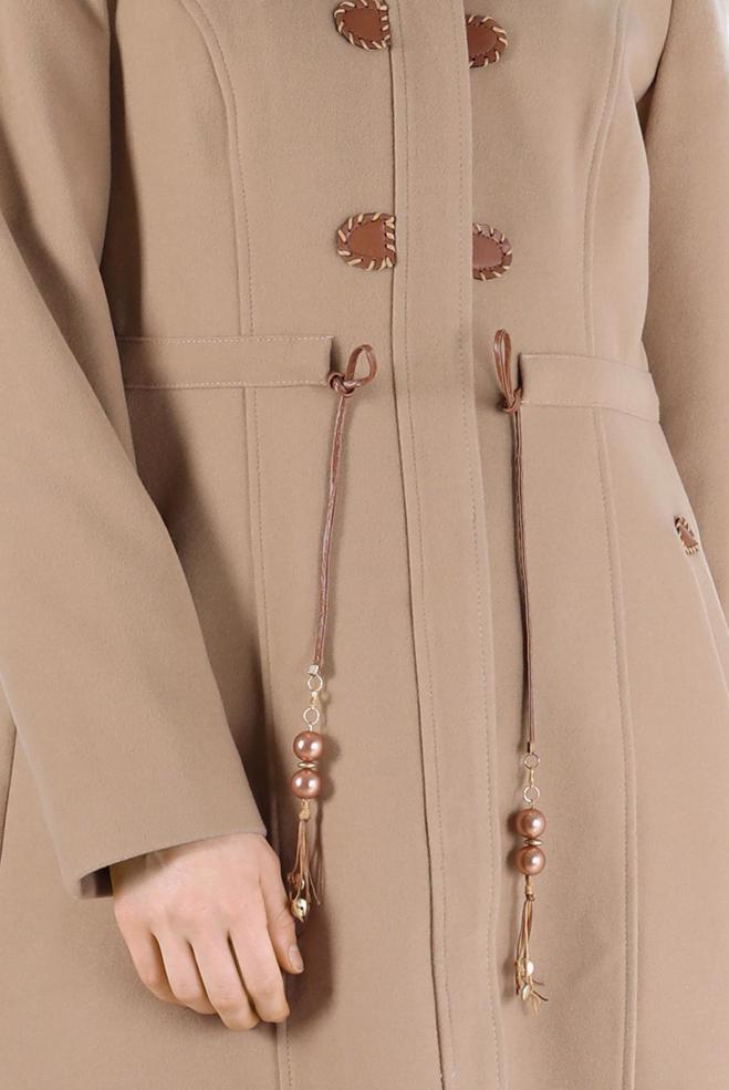 Hijab clothing BROWN FURRY HOODED SMOCKING DETAIL COAT 90216  - ALVİNA