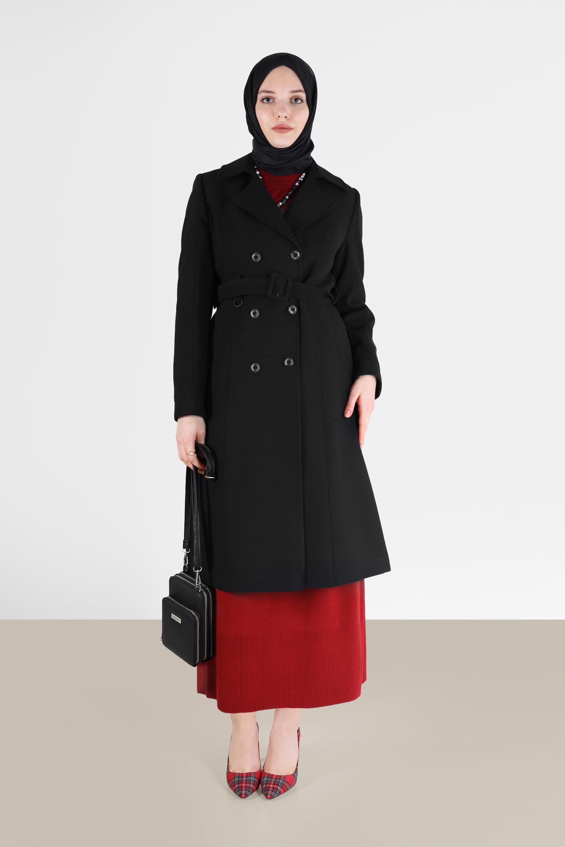 Tesettür giyim SİYAH BELİ KUŞAKLI KRUVAZE YAKA KABAN 90218 