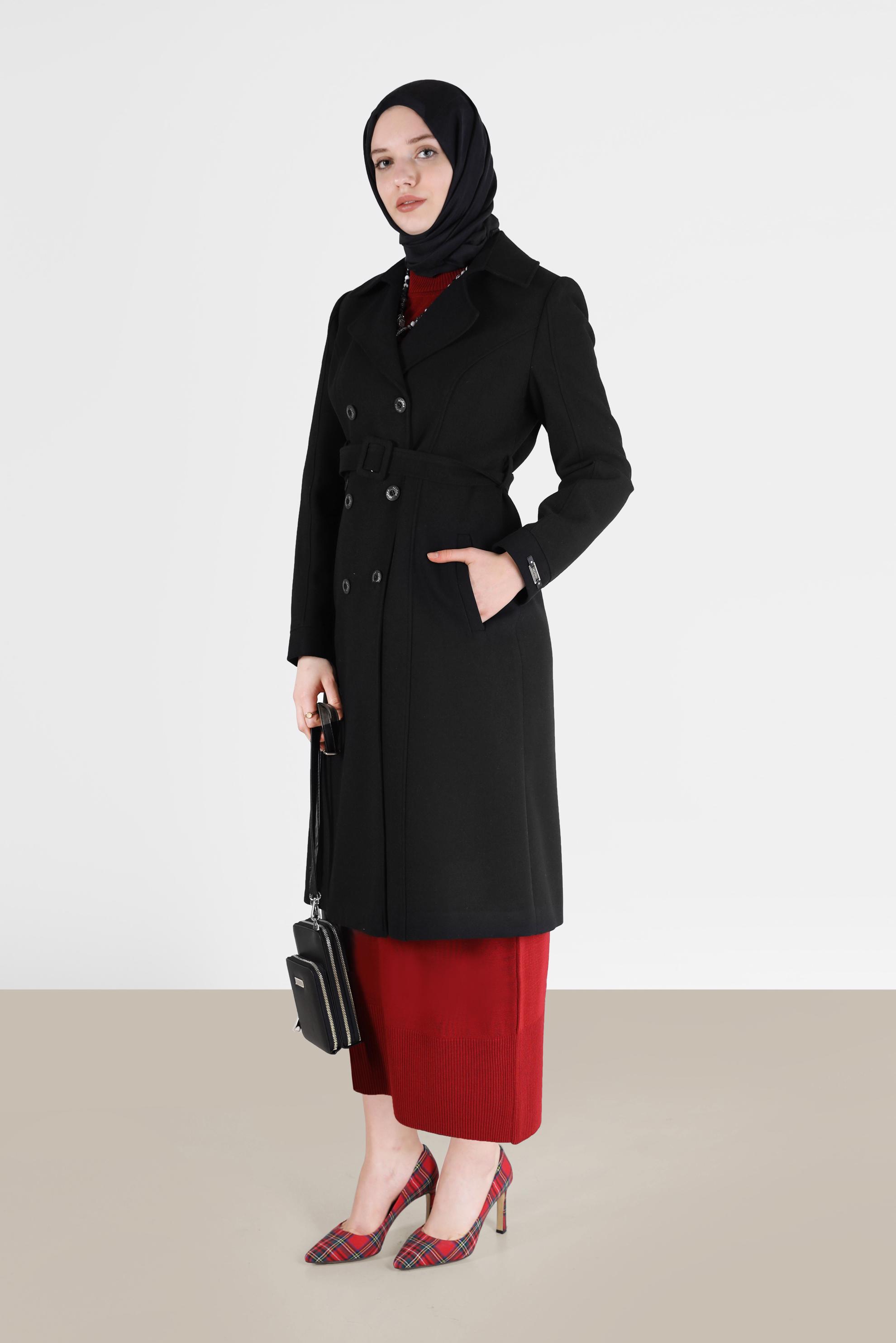 Tesettür giyim SİYAH BELİ KUŞAKLI KRUVAZE YAKA KABAN 90218 