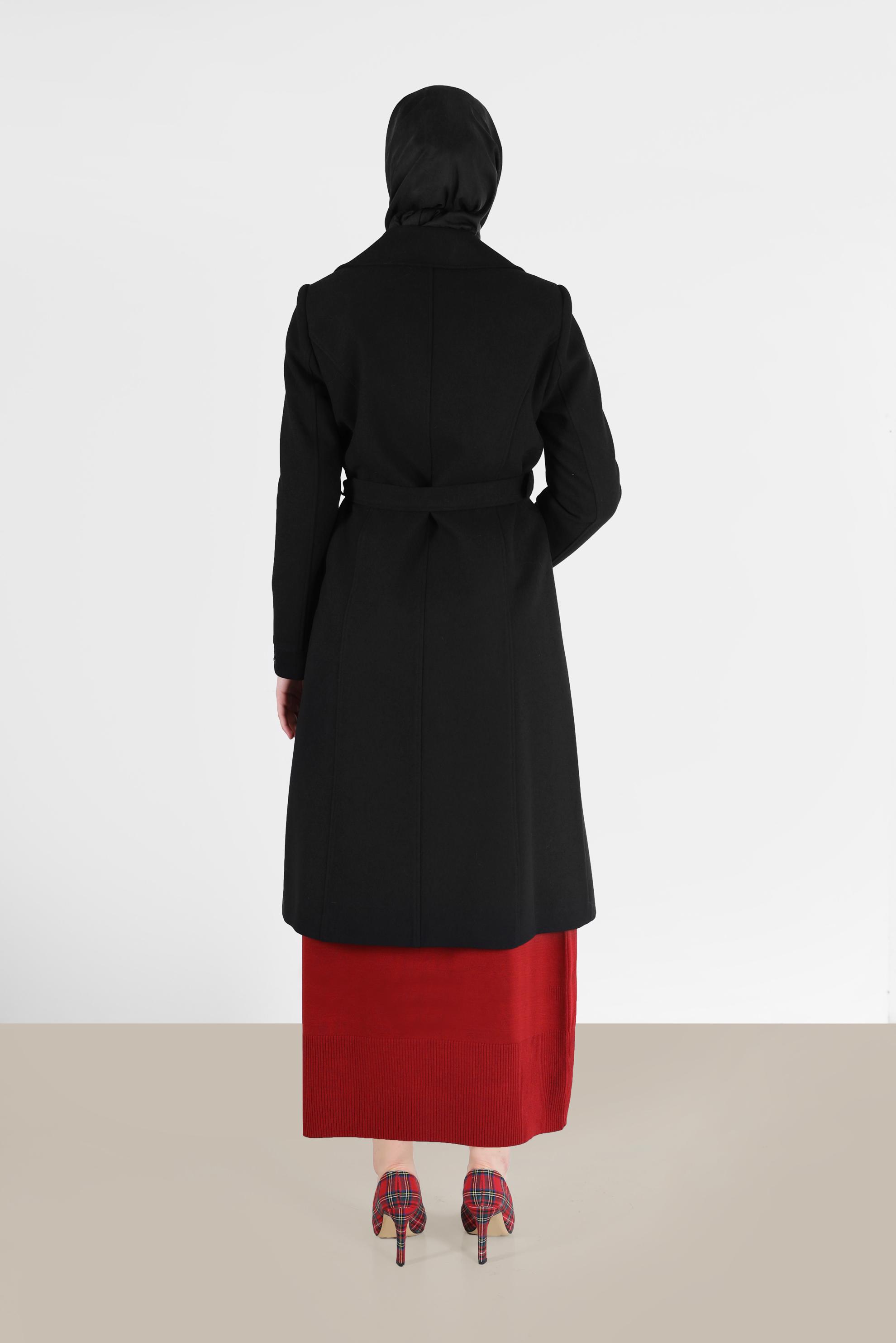 Tesettür giyim SİYAH BELİ KUŞAKLI KRUVAZE YAKA KABAN 90218 