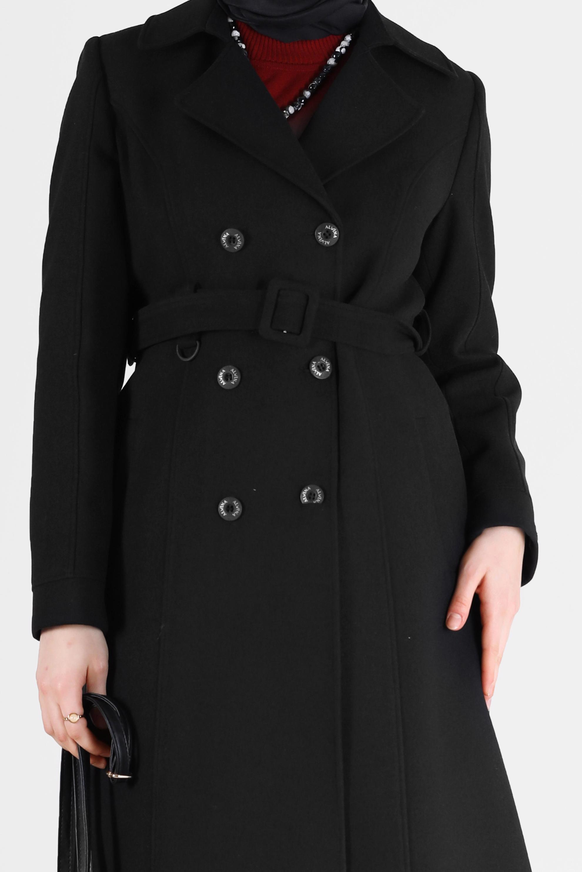 Tesettür giyim SİYAH BELİ KUŞAKLI KRUVAZE YAKA KABAN 90218 