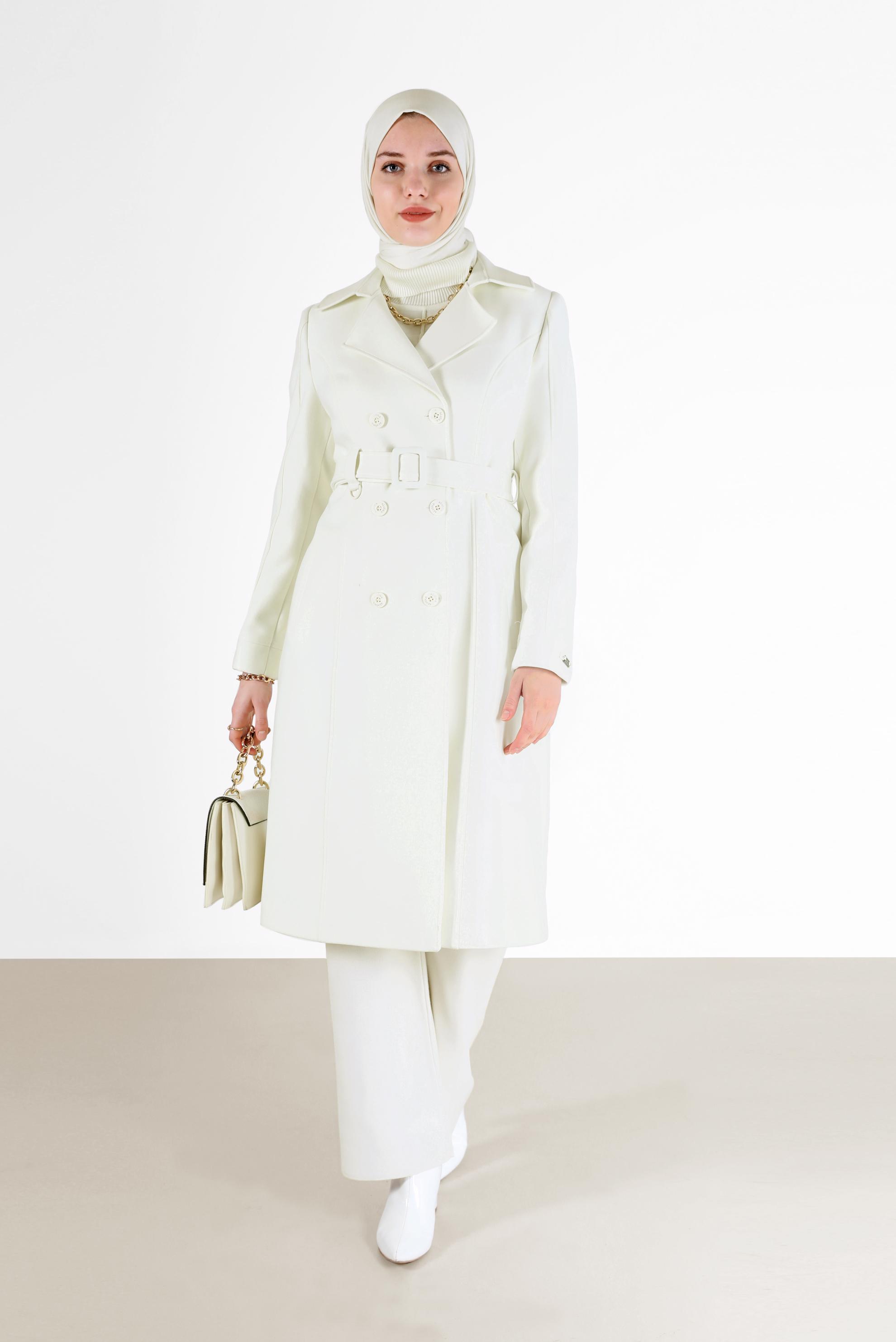 Tesettür giyim BEYAZ BELİ KUŞAKLI KRUVAZE YAKA KABAN 90218 