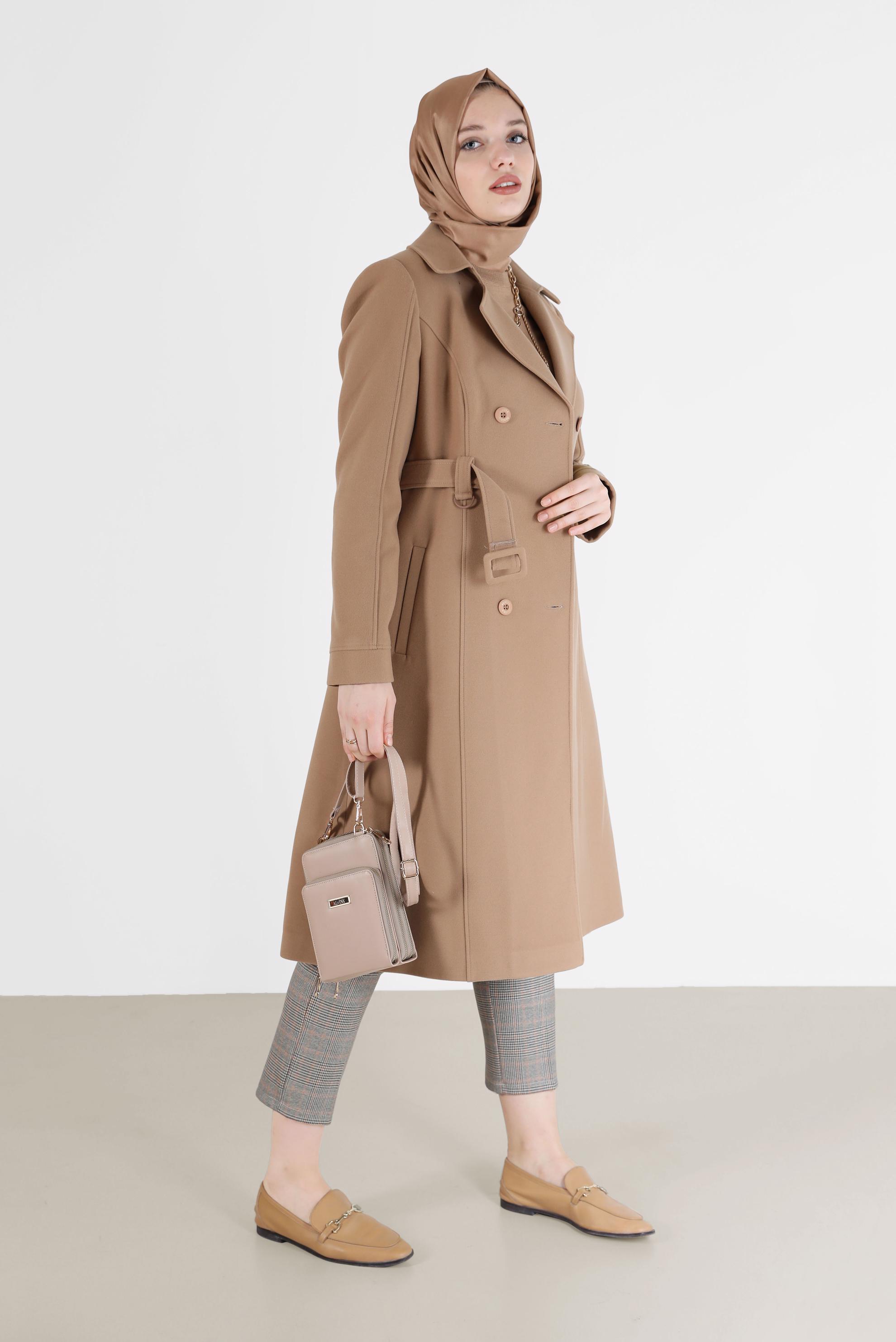 Hijab clothing BROWN BELTED DOUBLE BREASTED COAT 90218 