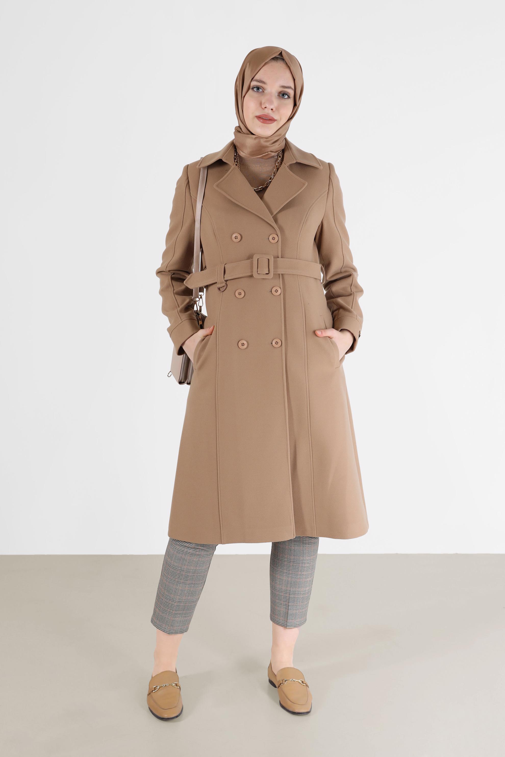 Hijab clothing BROWN BELTED DOUBLE BREASTED COAT 90218 