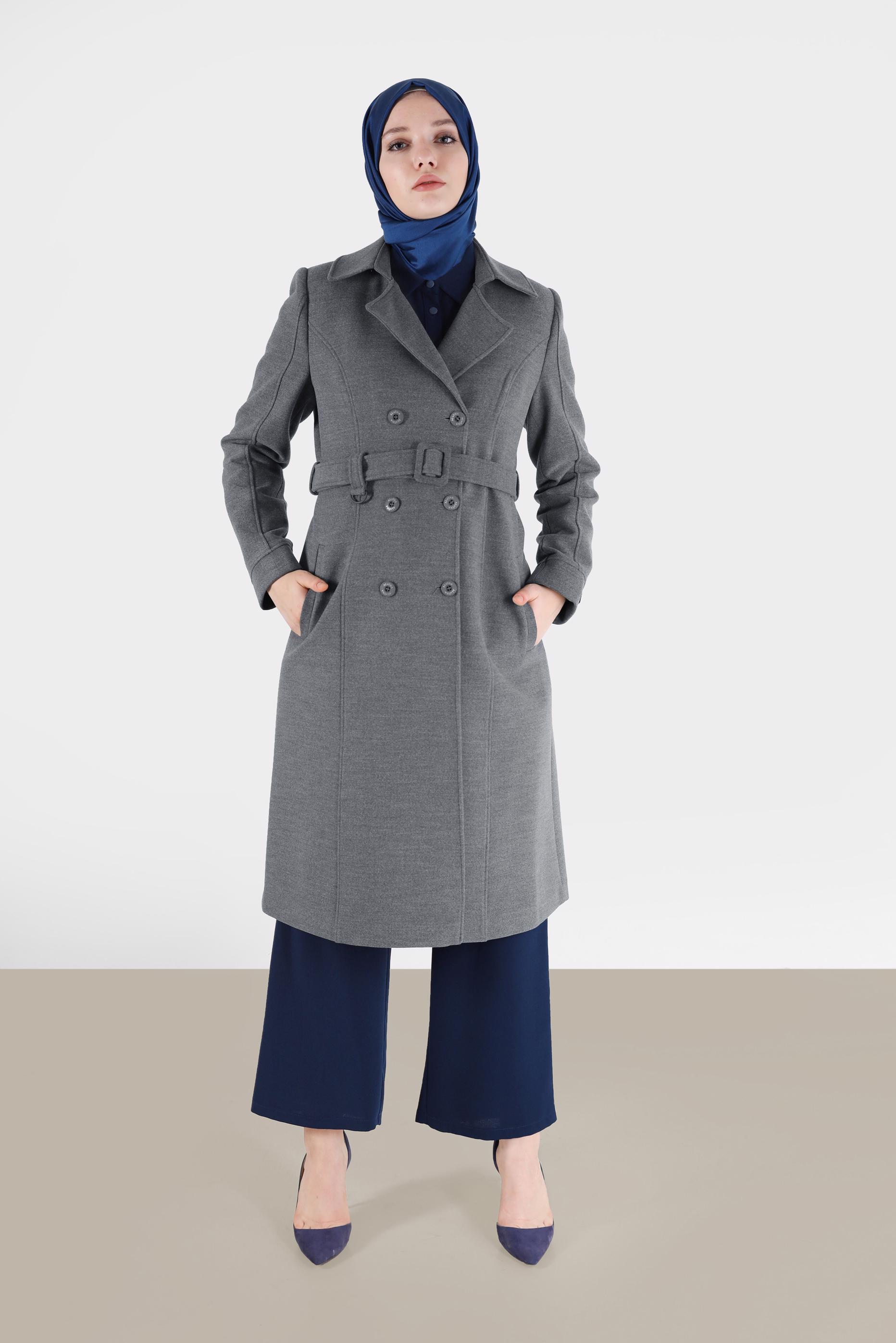 Hijab clothing GREY BELTED DOUBLE BREASTED COAT 90218 