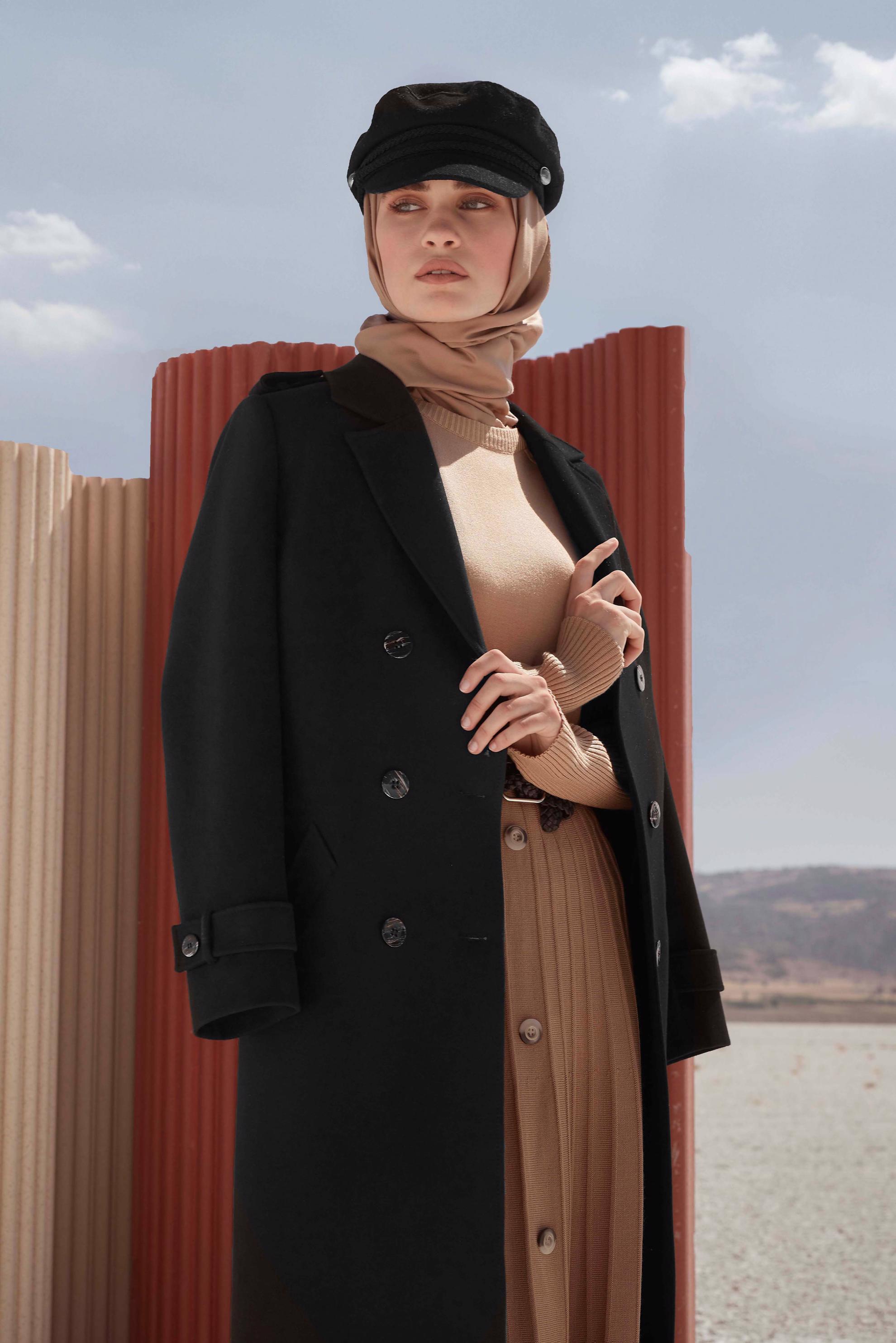 Tesettür giyim SİYAH KRUVAZE YAKA KEMERLİ KABAN 90219 