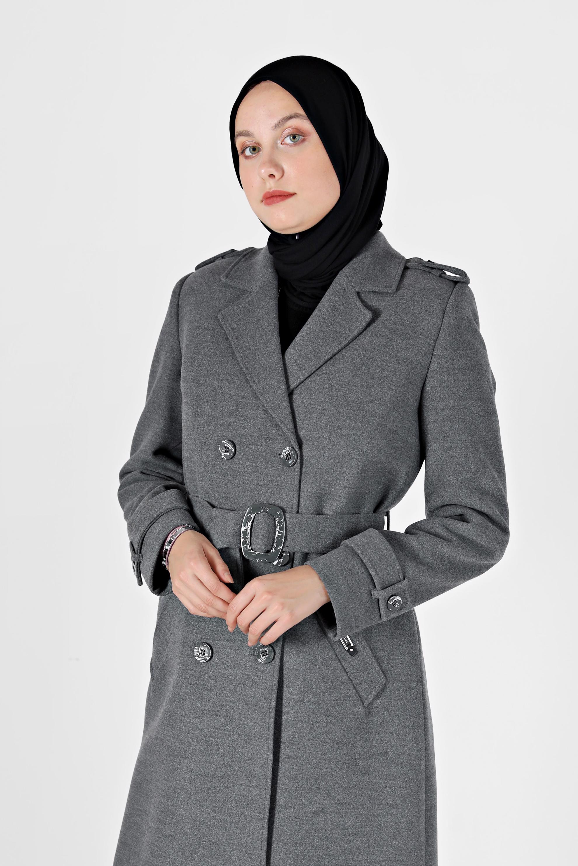 Tesettür giyim GRİ KRUVAZE YAKA KEMERLİ KABAN 90219 