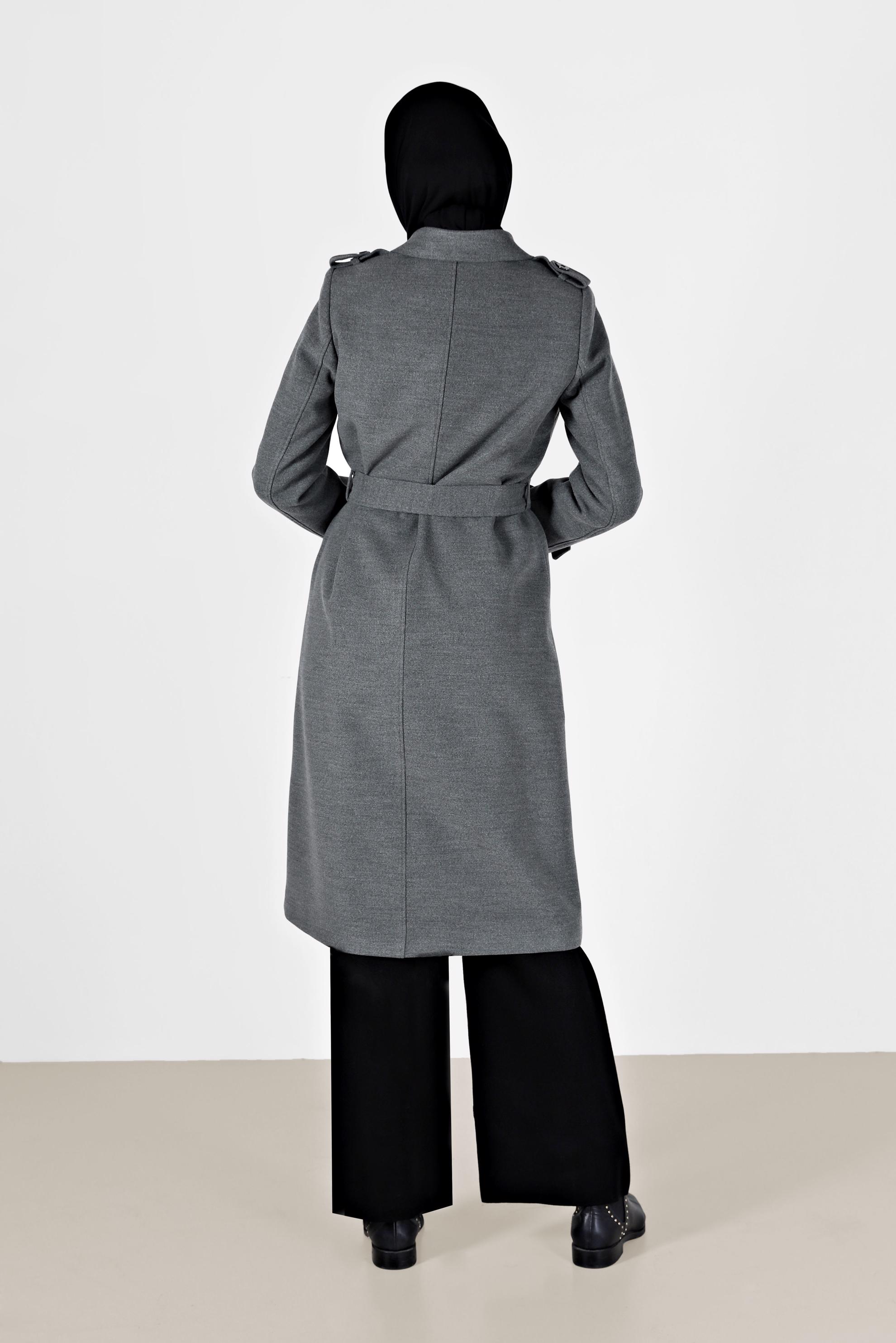 Tesettür giyim GRİ KRUVAZE YAKA KEMERLİ KABAN 90219 