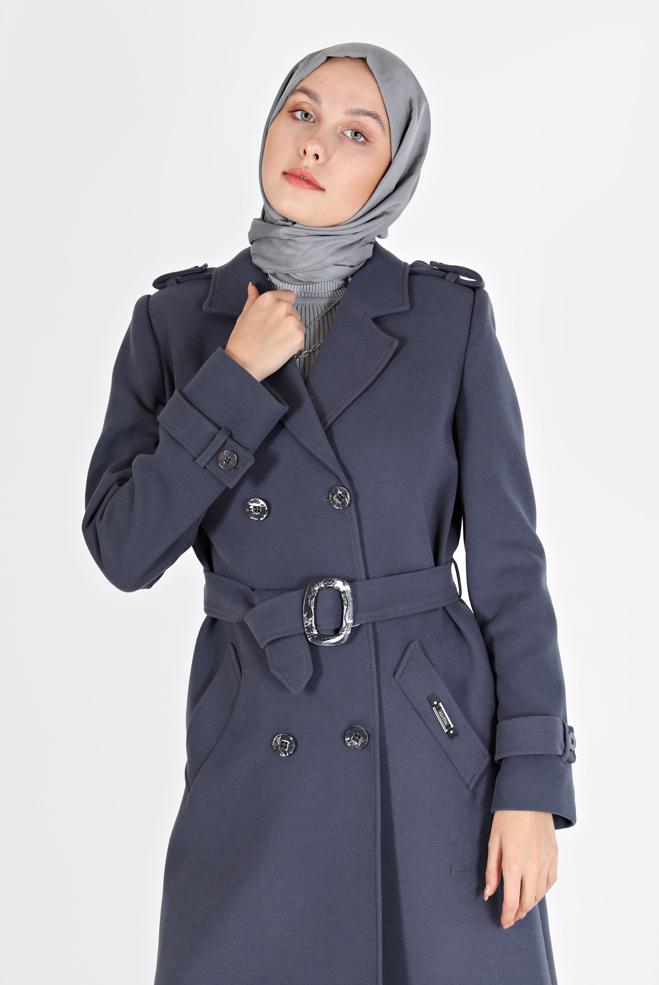 Vêtements hijab  MANTEAU DOUBLE BOUTONNAGE À CEINTURE 90219 - ALVİNA
