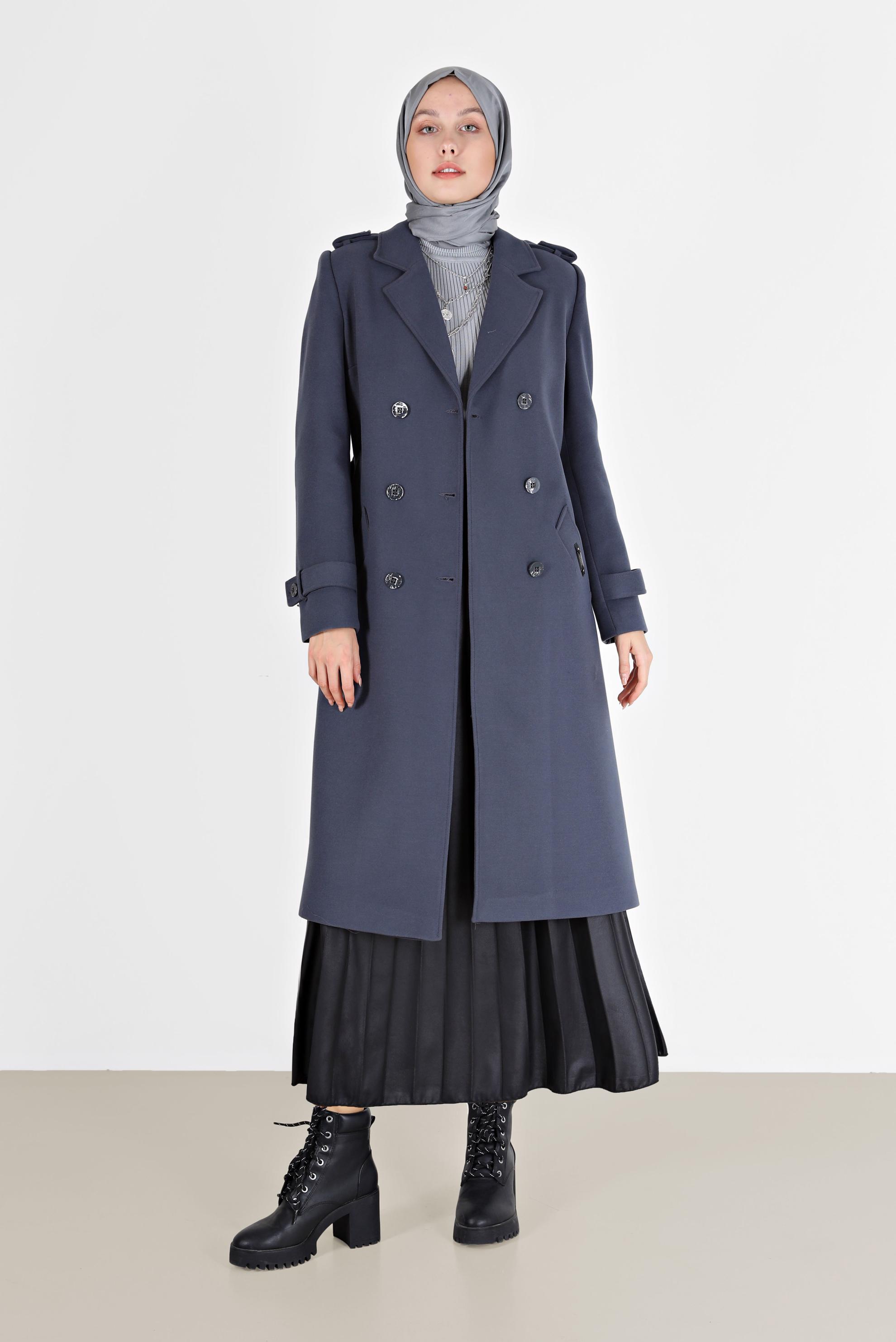 Vêtements hijab BLEU MANTEAU DOUBLE BOUTONNAGE À CEINTURE 90219