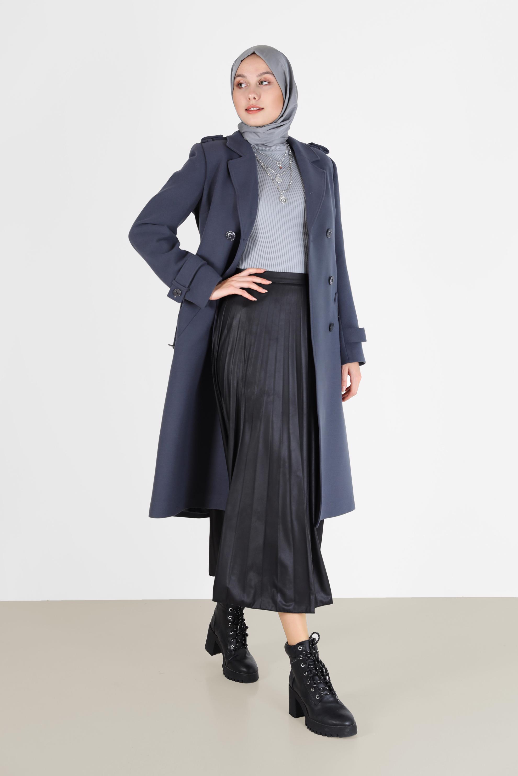 Vêtements hijab BLEU MANTEAU DOUBLE BOUTONNAGE À CEINTURE 90219