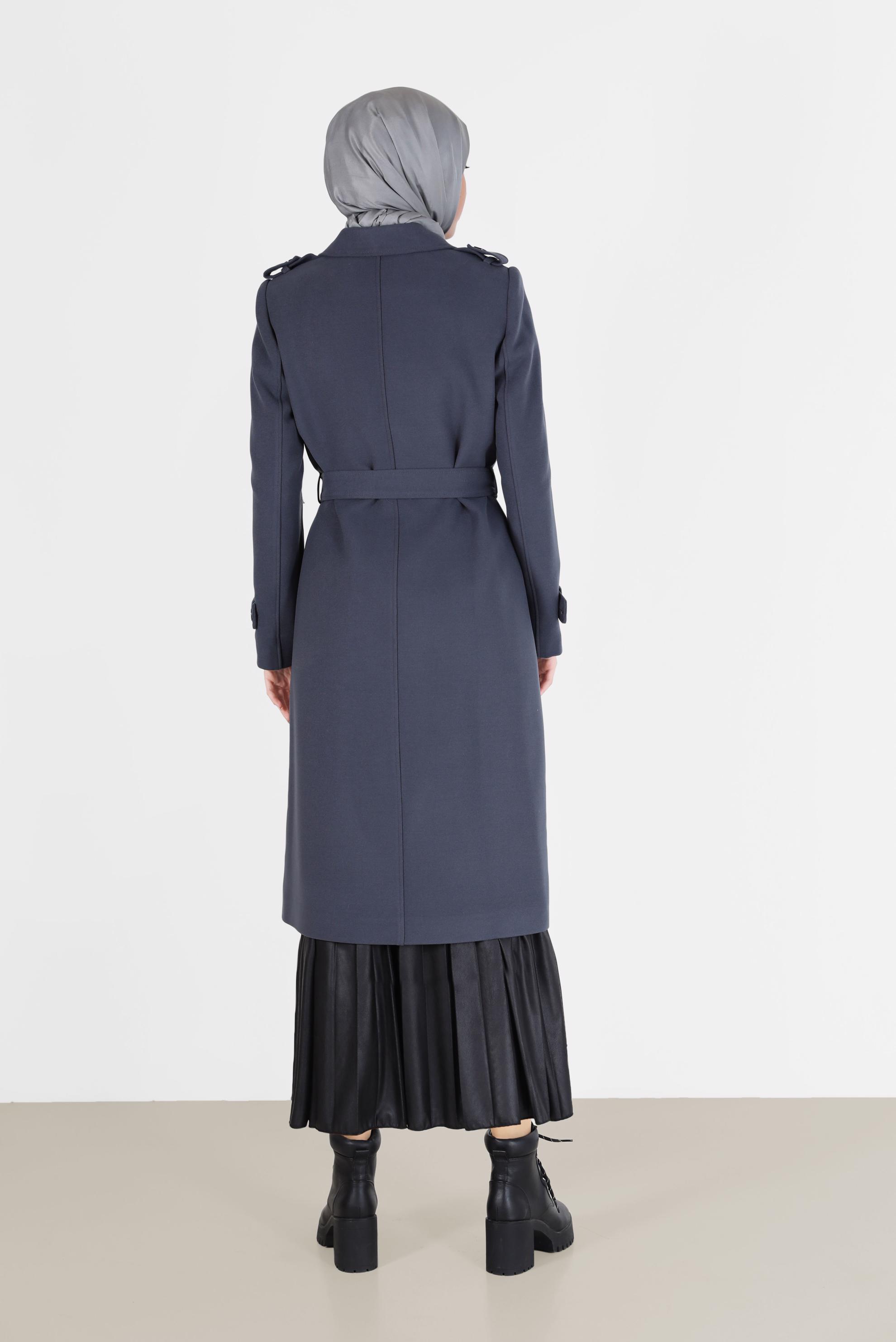 Vêtements hijab BLEU MANTEAU DOUBLE BOUTONNAGE À CEINTURE 90219