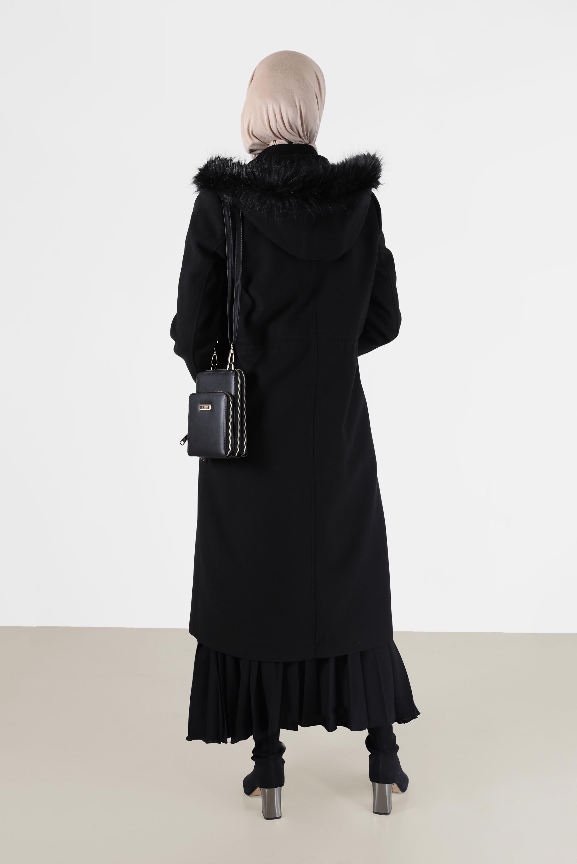 Tesettür giyim SİYAH BELİ BÜZGÜLÜ KAPÜŞONLU KABAN 90221 