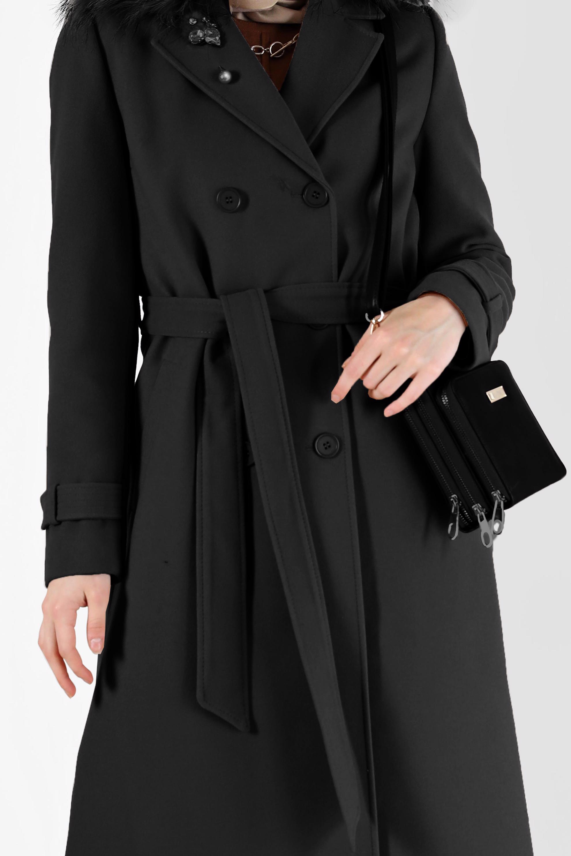 Tesettür giyim SİYAH DÜĞMELİ KUŞAKLI KÜRK DETAYLI KABAN 90228 