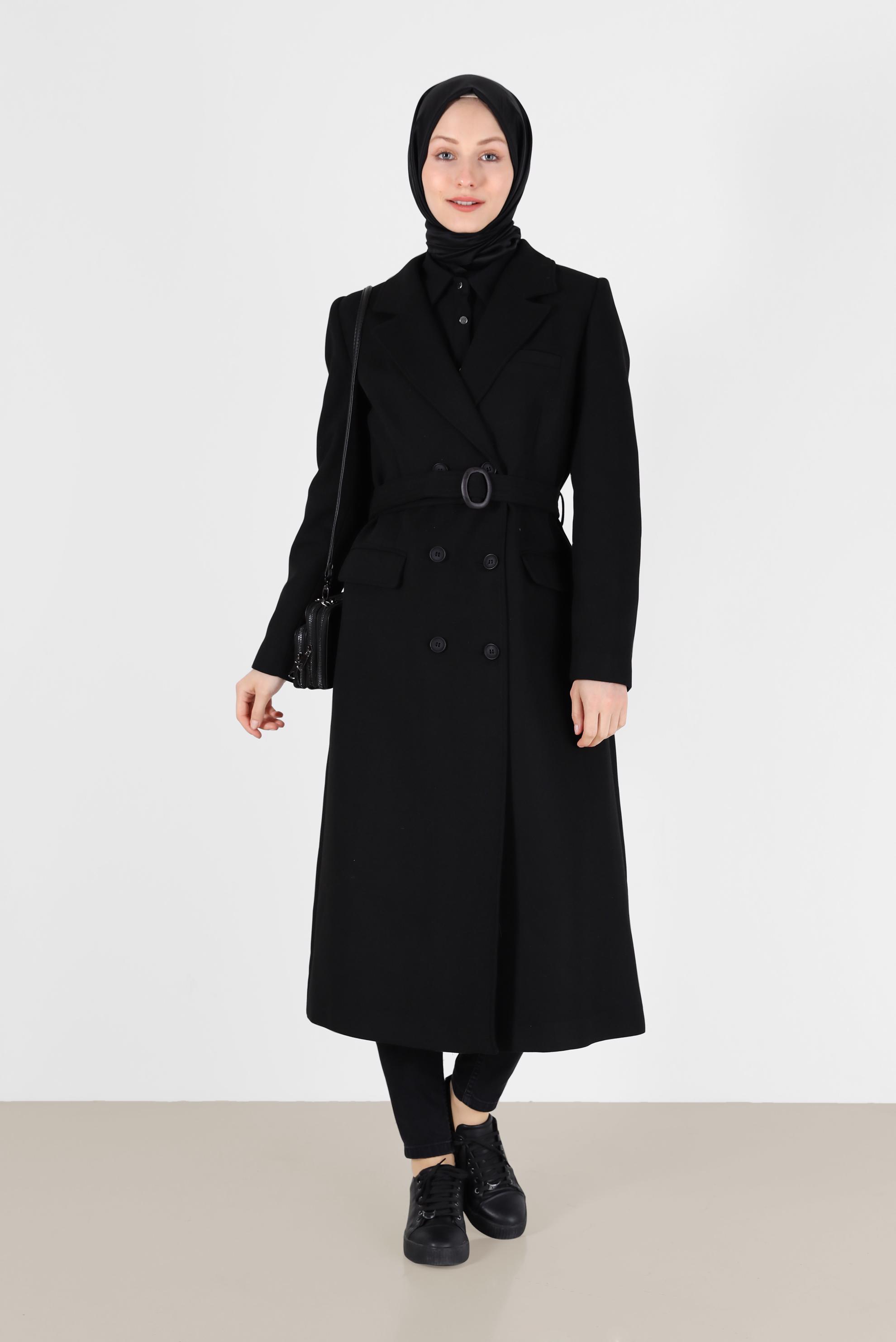 Tesettür giyim SİYAH KRUVAZE YAKA KUŞAKLI KABAN 90229	