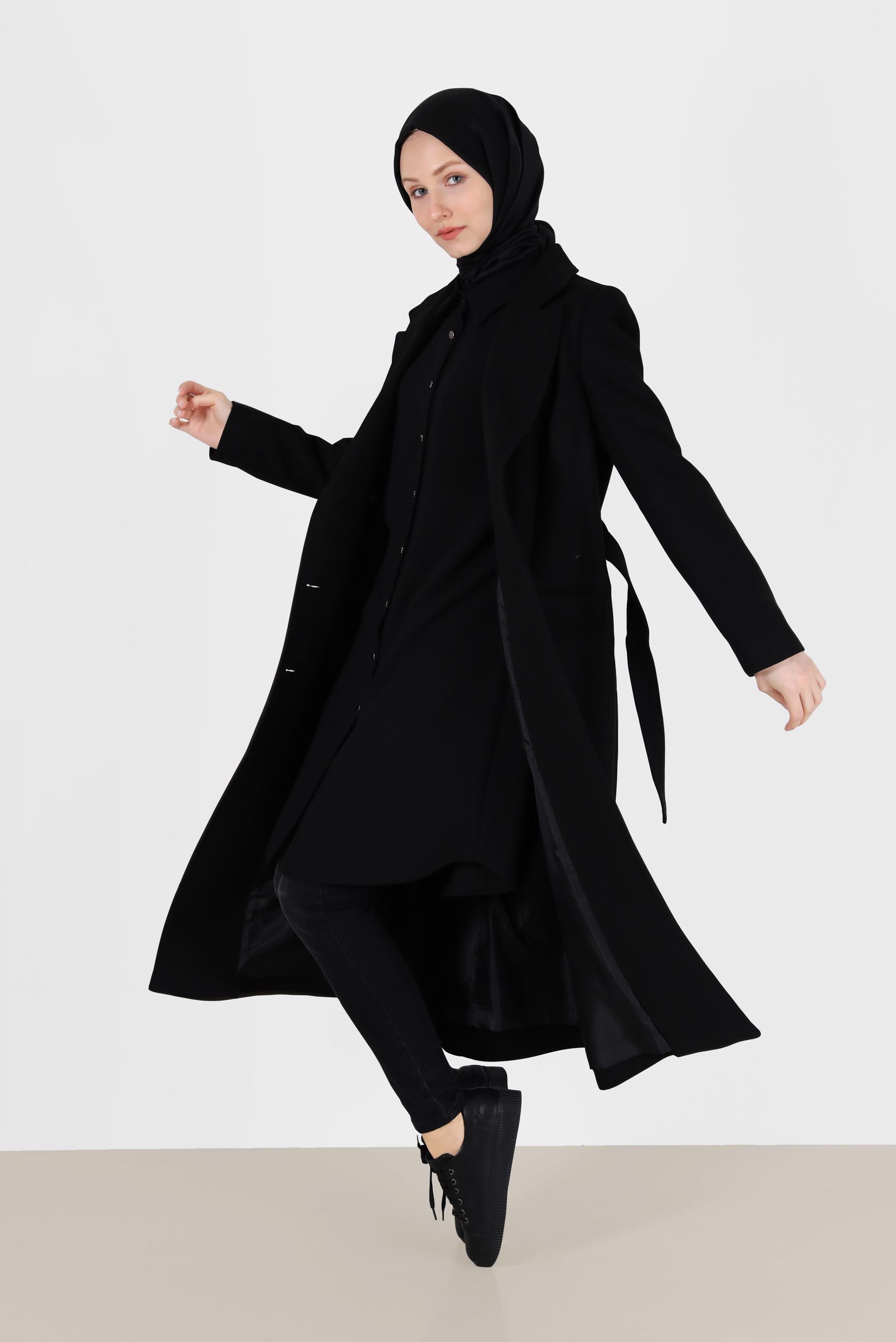 Tesettür giyim SİYAH KRUVAZE YAKA KUŞAKLI KABAN 90229	
