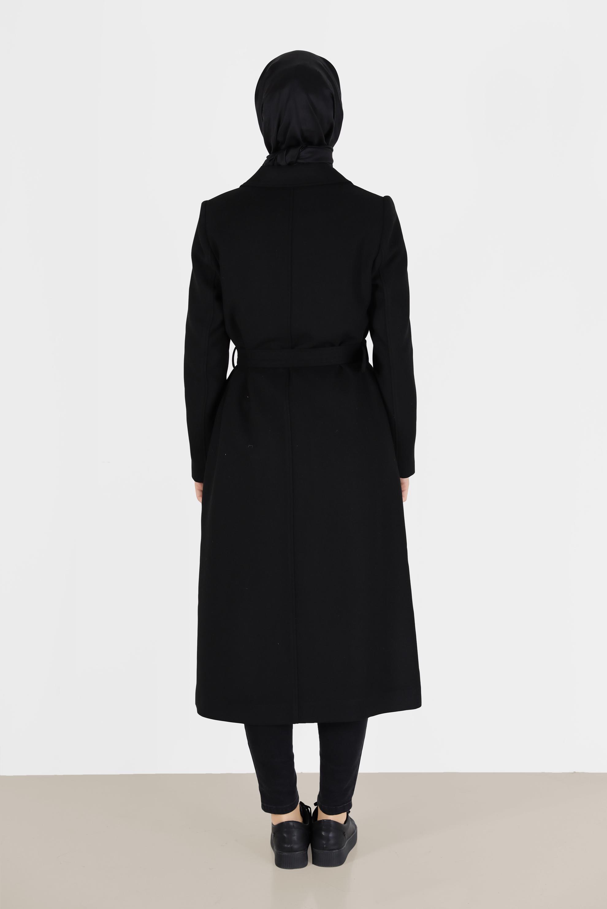 Tesettür giyim SİYAH KRUVAZE YAKA KUŞAKLI KABAN 90229	