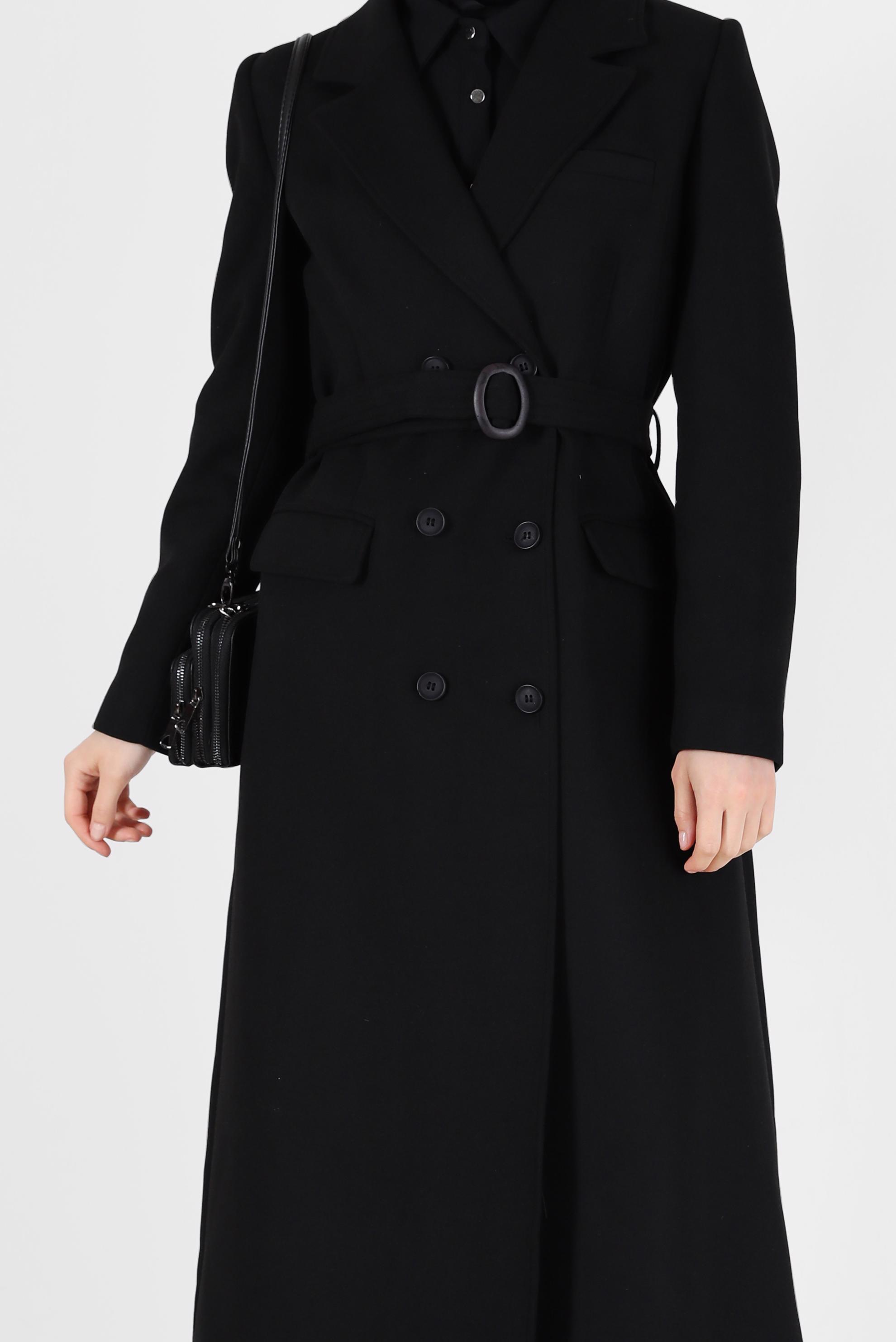 Tesettür giyim SİYAH KRUVAZE YAKA KUŞAKLI KABAN 90229	