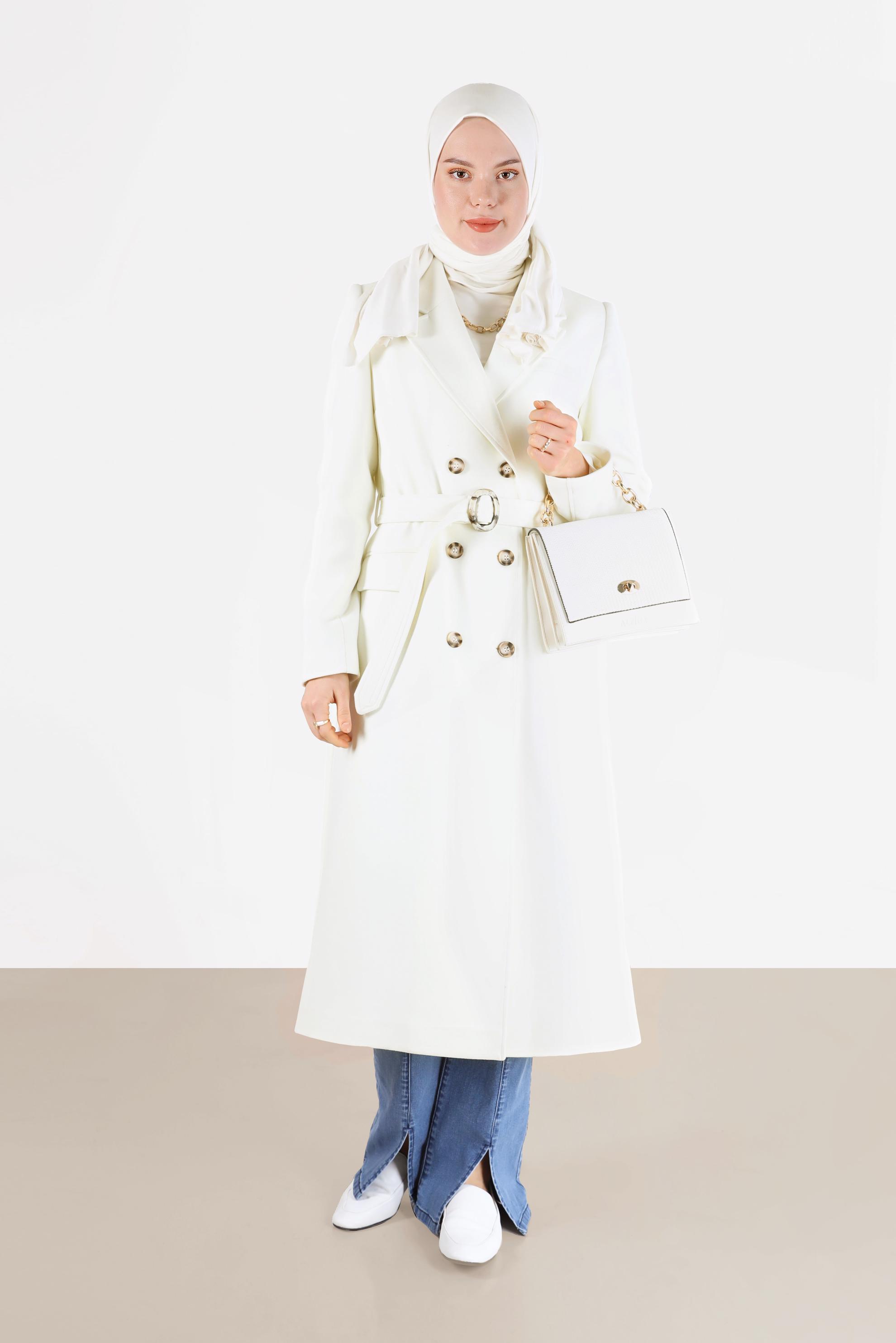 Tesettür giyim BEYAZ KRUVAZE YAKA KUŞAKLI KABAN 90229	