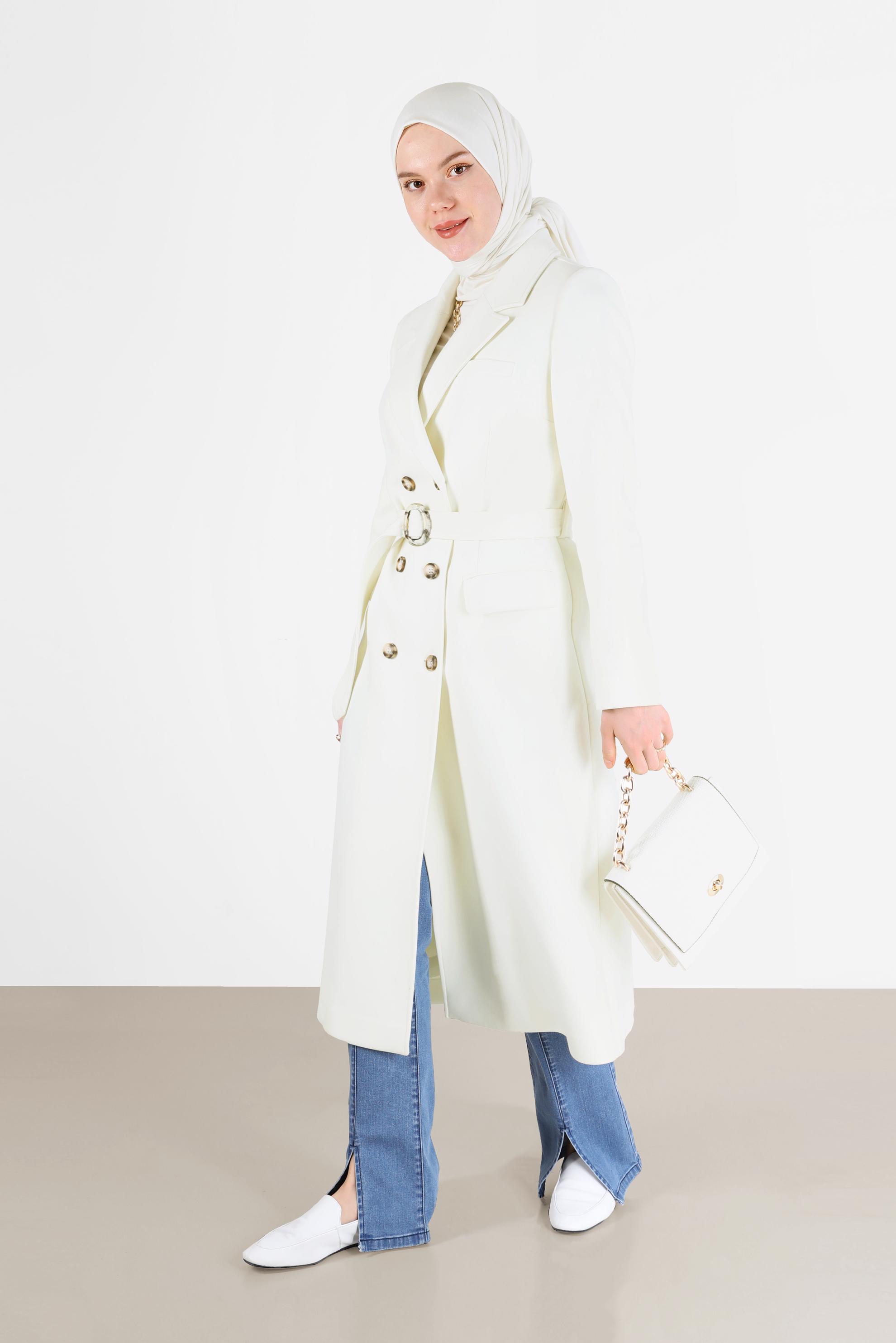 Tesettür giyim BEYAZ KRUVAZE YAKA KUŞAKLI KABAN 90229	