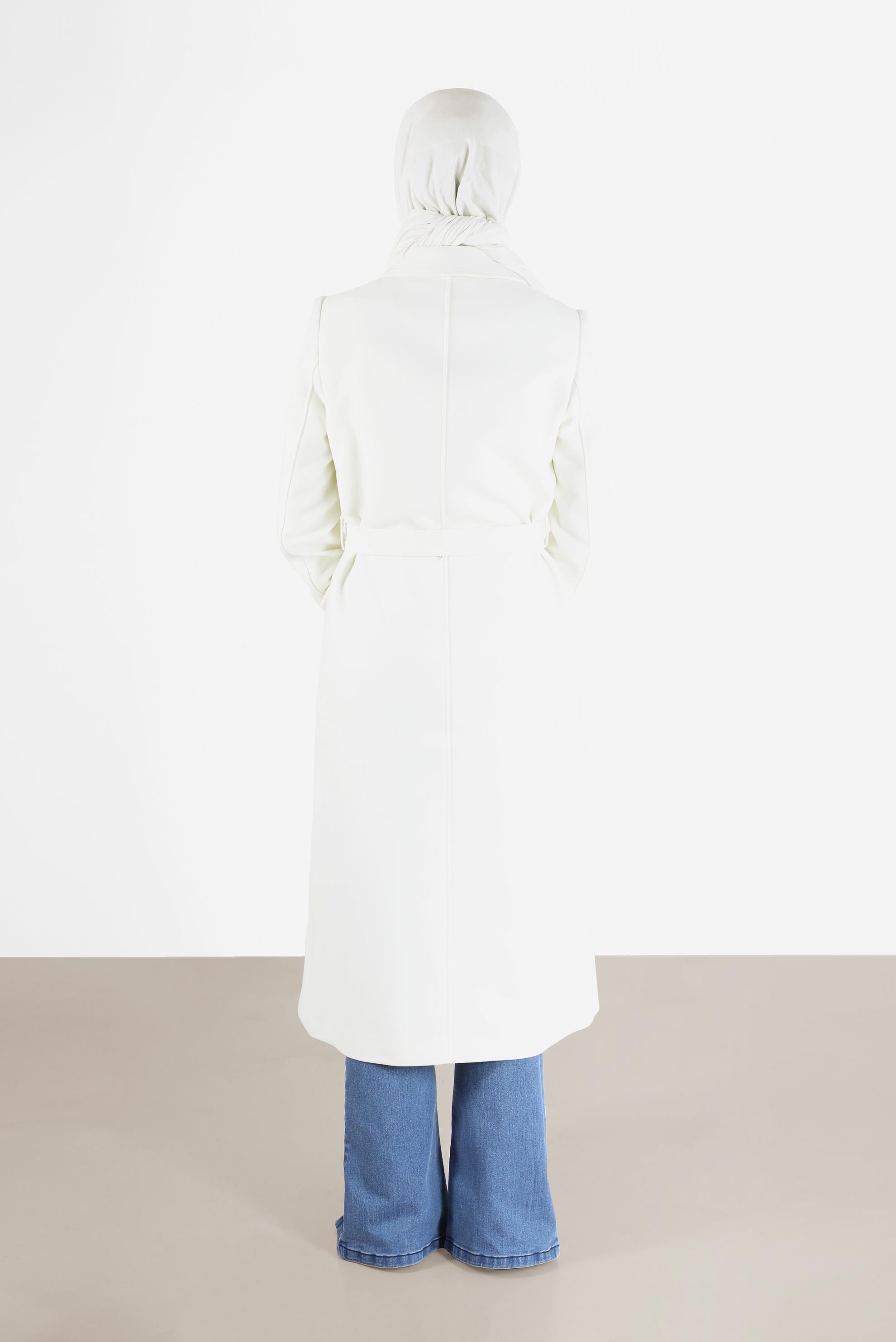 Tesettür giyim BEYAZ KRUVAZE YAKA KUŞAKLI KABAN 90229	