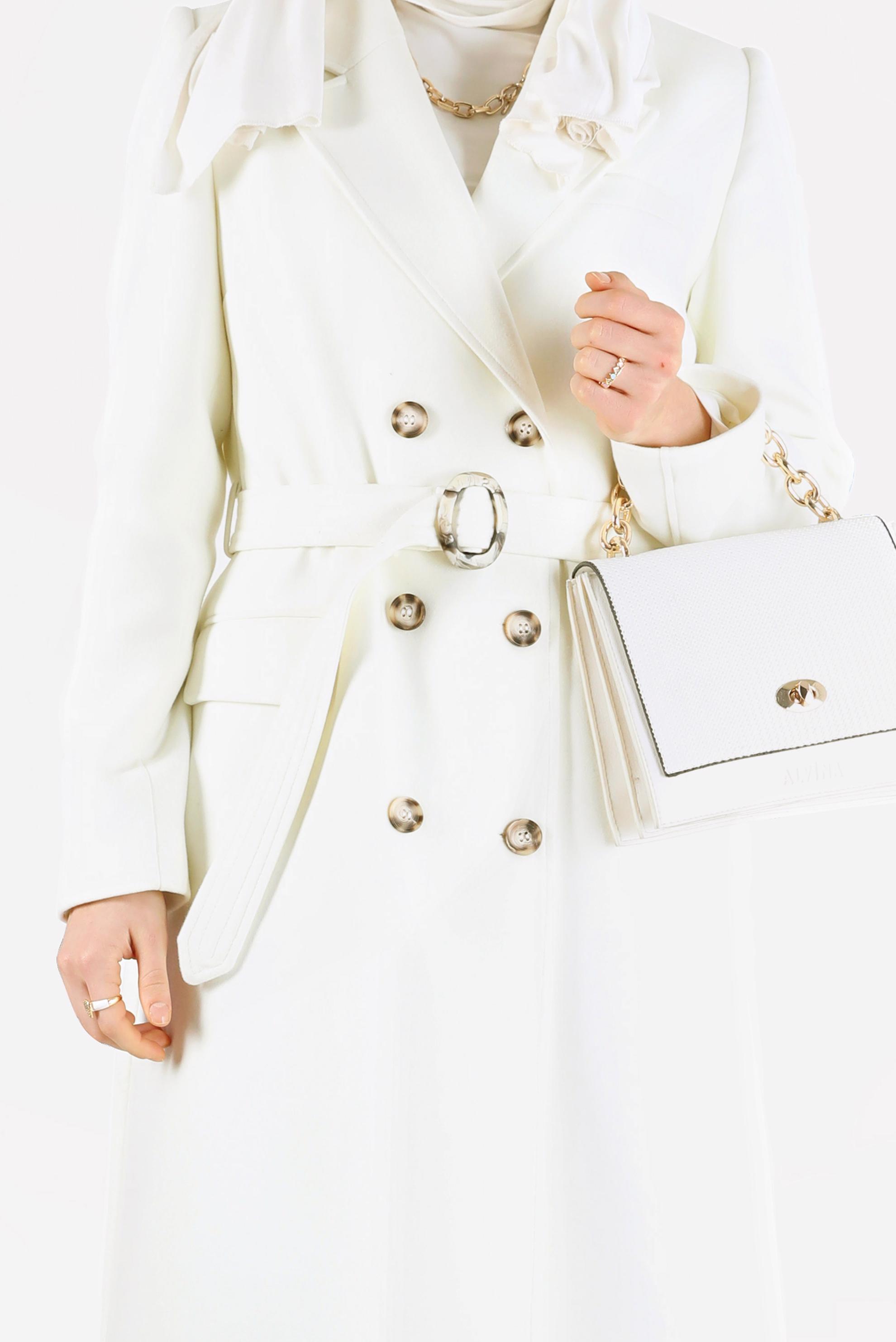 Tesettür giyim BEYAZ KRUVAZE YAKA KUŞAKLI KABAN 90229	