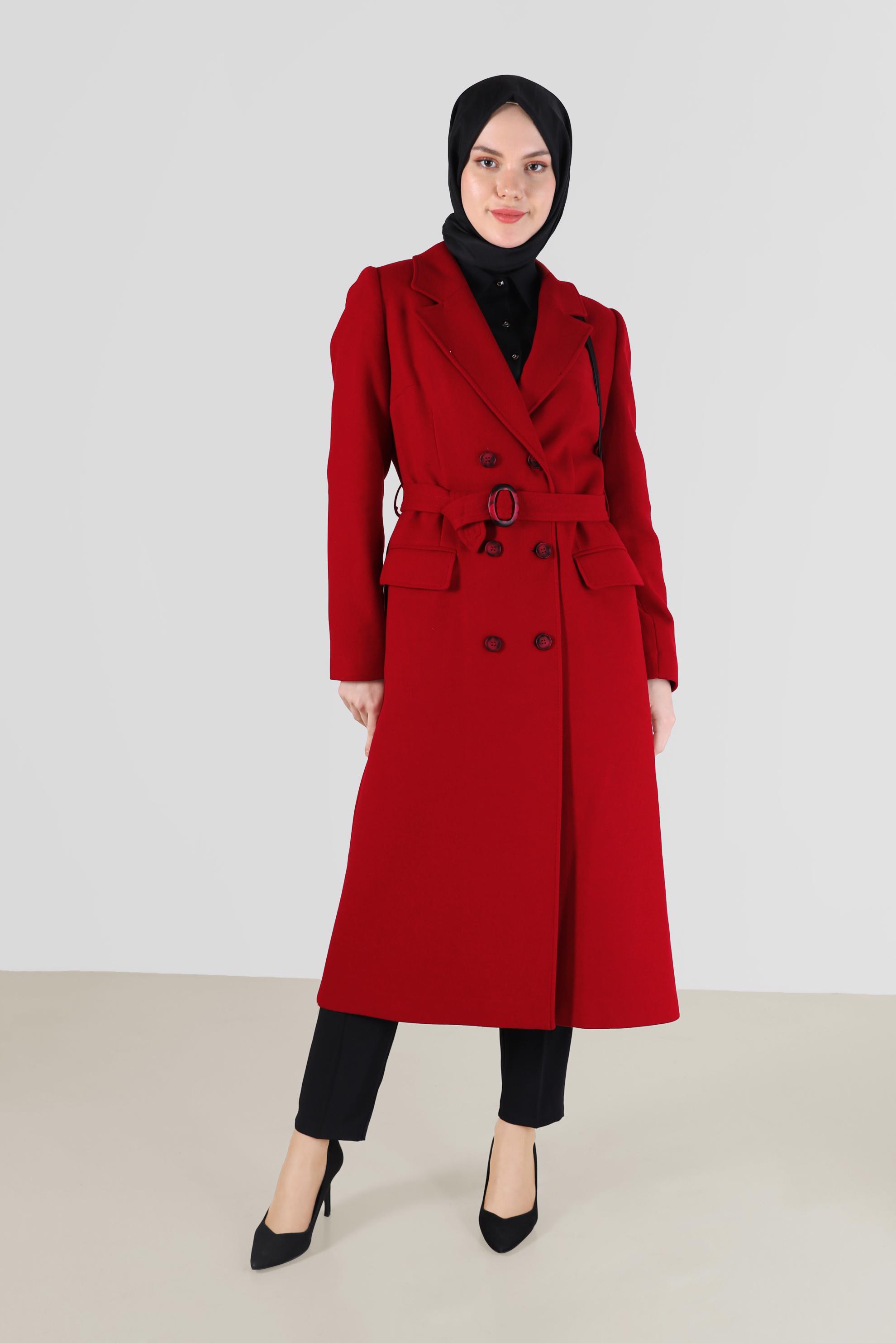 Vêtements hijab ROUGE MANTEAU À DOUBLE BOUTONNAGE ET CEINTURE 90229