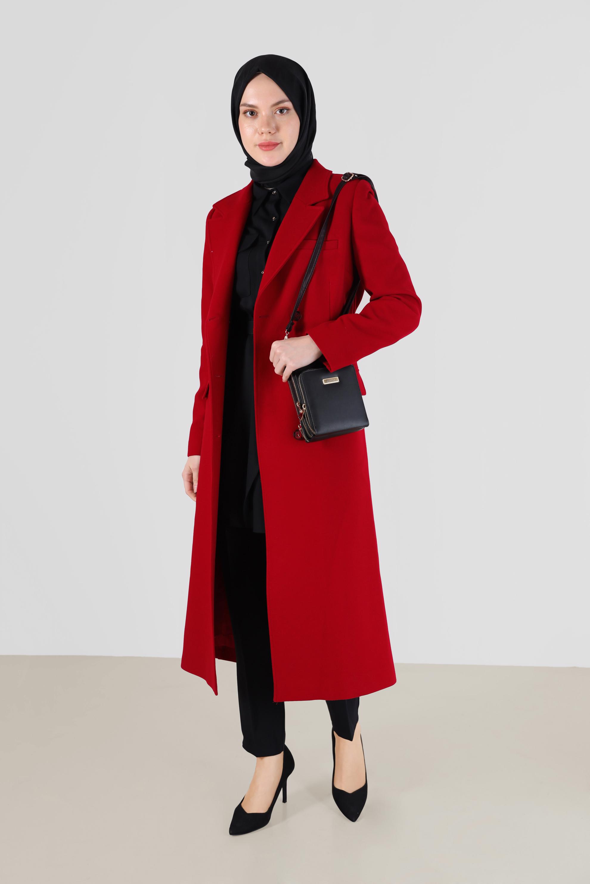 Vêtements hijab ROUGE MANTEAU À DOUBLE BOUTONNAGE ET CEINTURE 90229