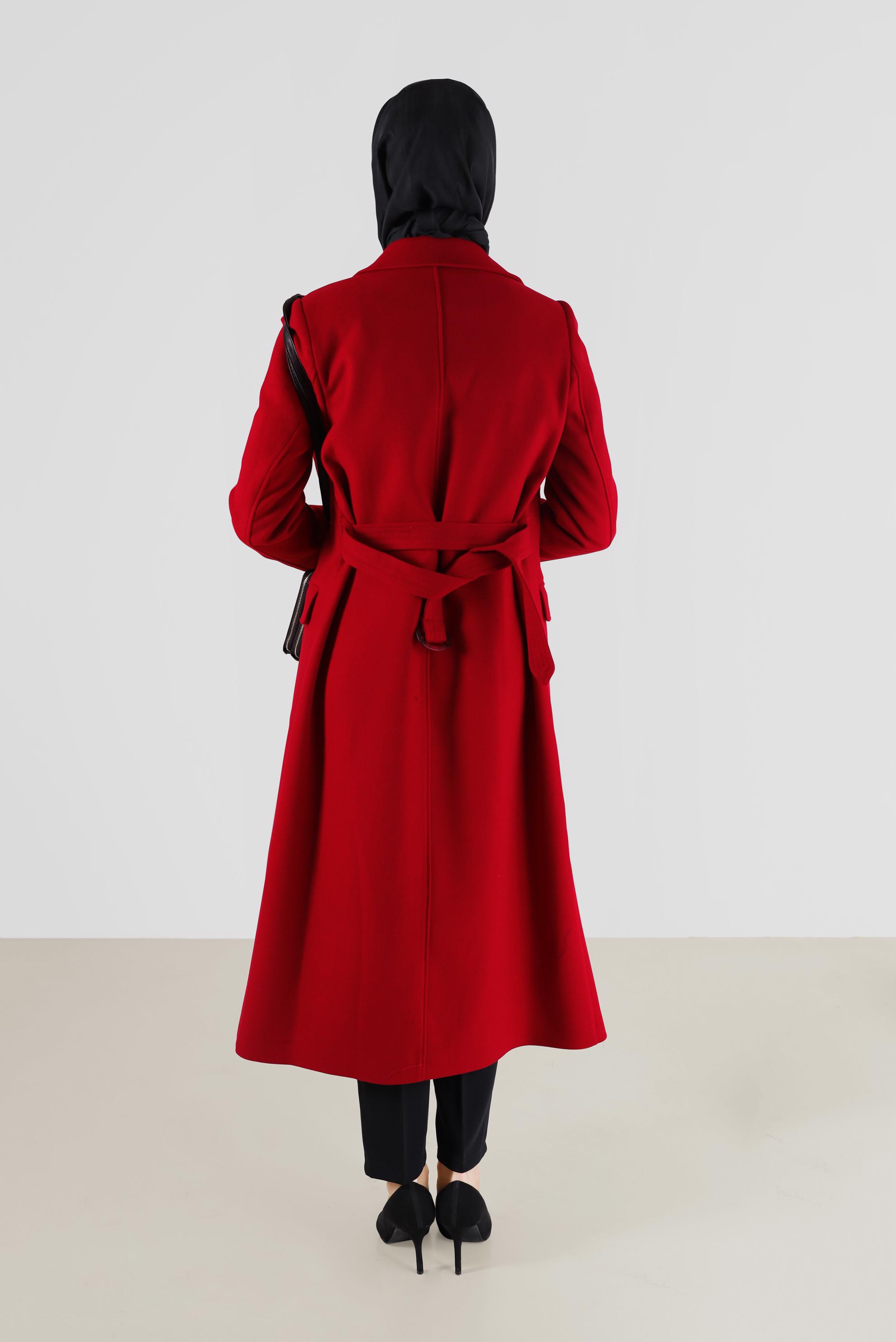 Vêtements hijab ROUGE MANTEAU À DOUBLE BOUTONNAGE ET CEINTURE 90229