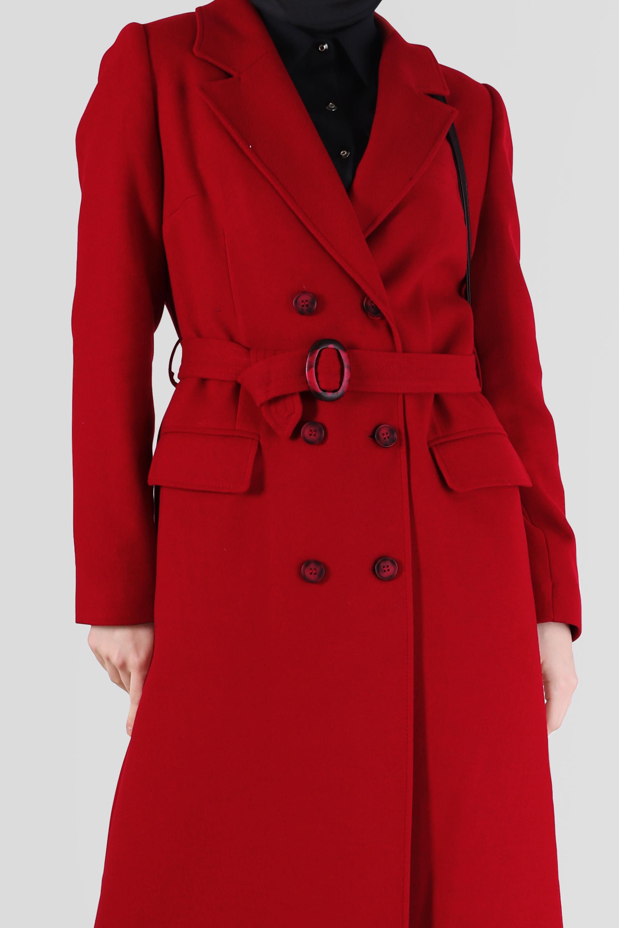 Vêtements hijab ROUGE MANTEAU À DOUBLE BOUTONNAGE ET CEINTURE 90229
