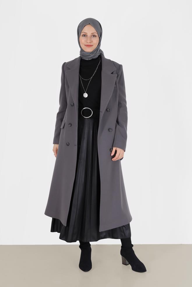 Vêtements hijab  MANTEAU À DOUBLE BOUTONNAGE ET CEINTURE 90229 - ALVİNA