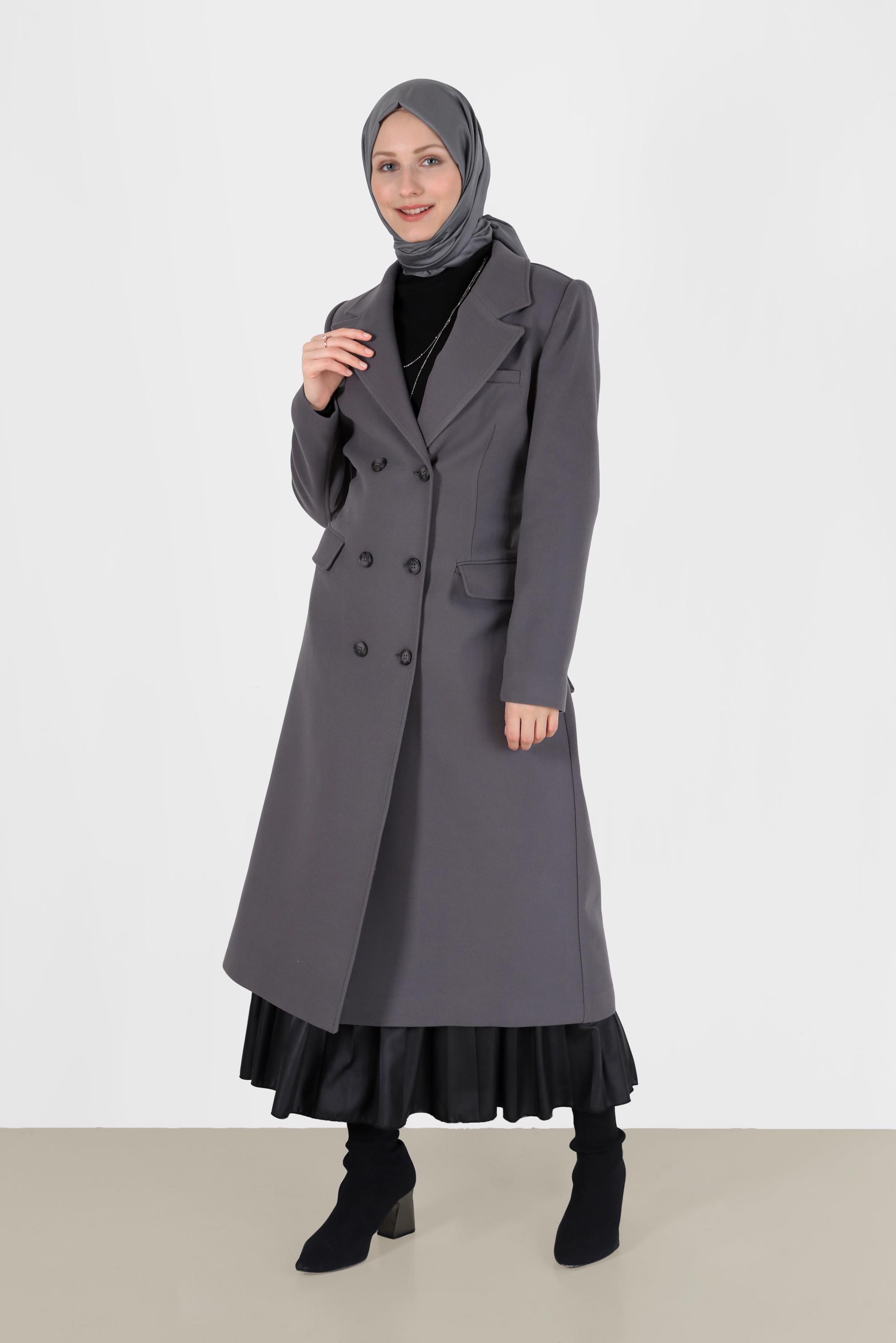 Vêtements hijab GRIS MANTEAU À DOUBLE BOUTONNAGE ET CEINTURE 90229