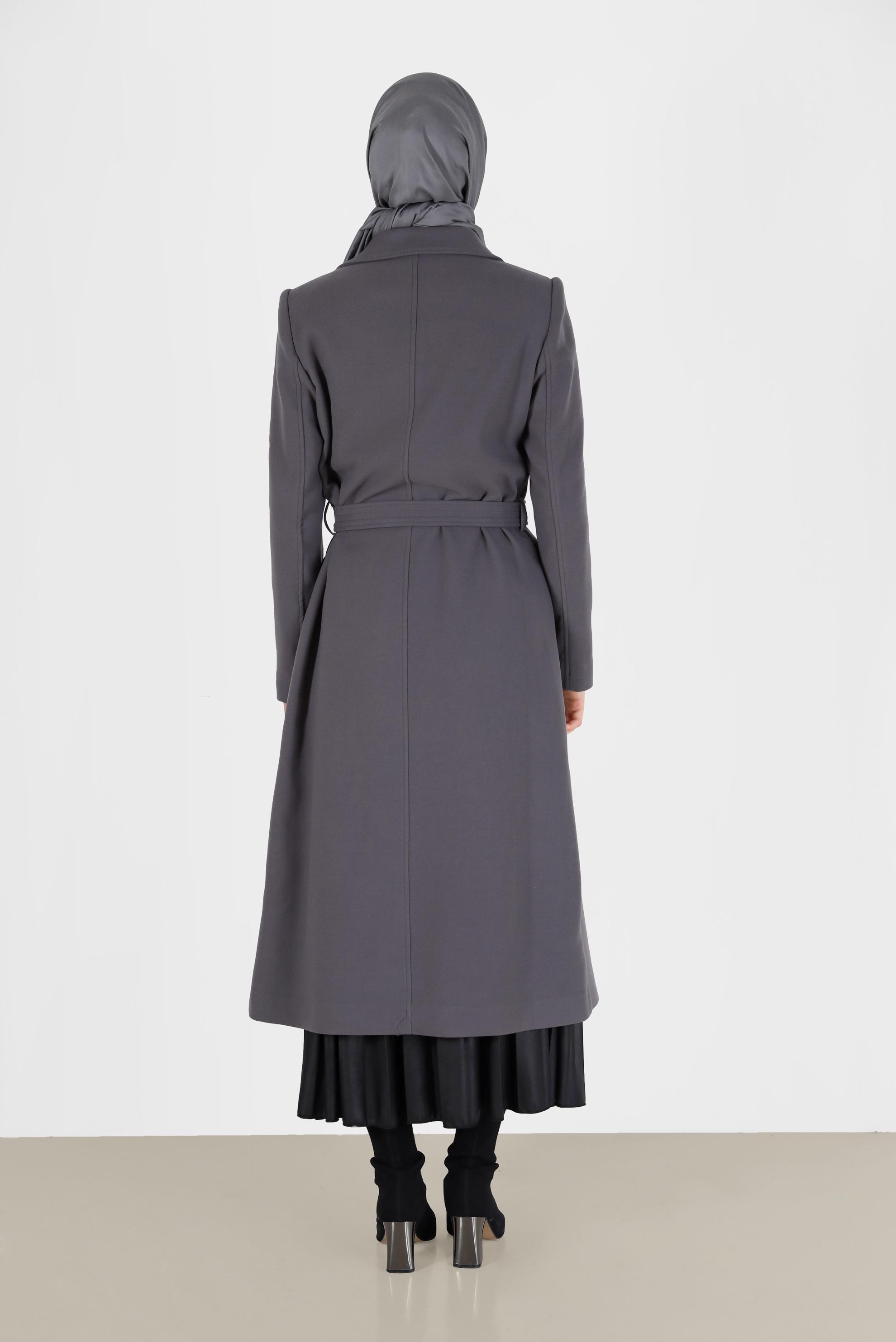Vêtements hijab GRIS MANTEAU À DOUBLE BOUTONNAGE ET CEINTURE 90229