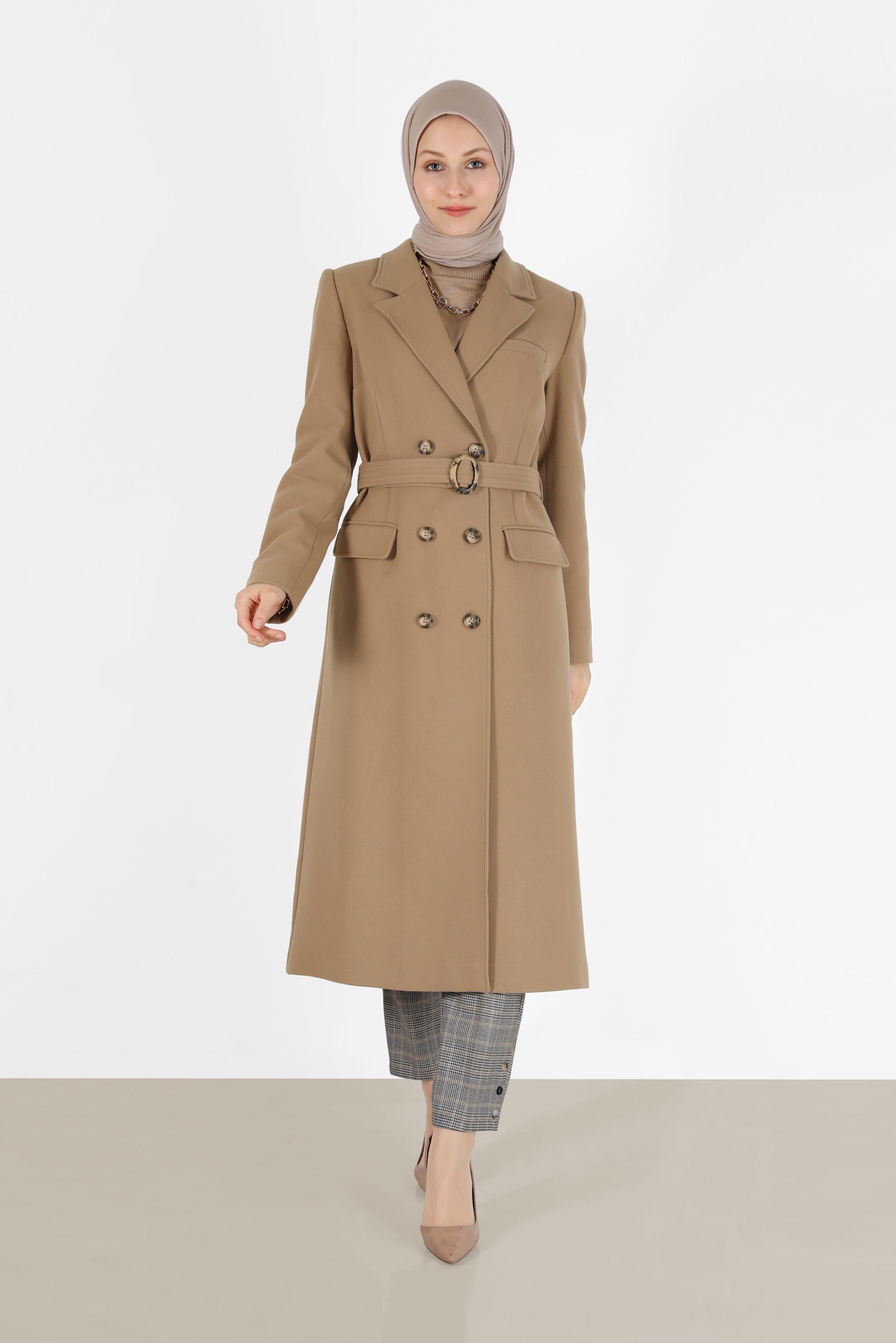 Tesettür giyim KAHVE KRUVAZE YAKA KUŞAKLI KABAN 90229	