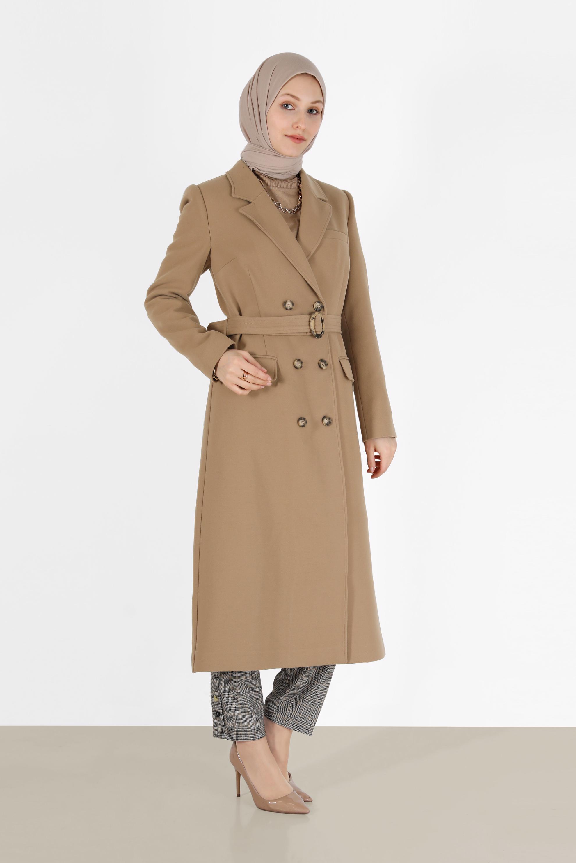 Tesettür giyim KAHVE KRUVAZE YAKA KUŞAKLI KABAN 90229	