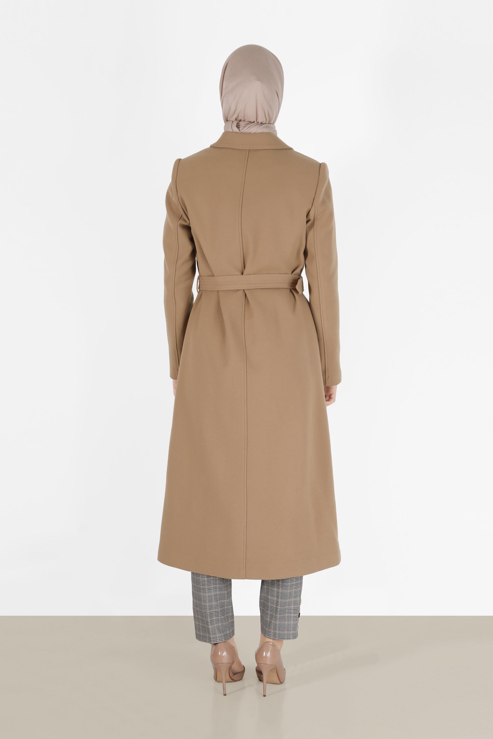 Tesettür giyim KAHVE KRUVAZE YAKA KUŞAKLI KABAN 90229	