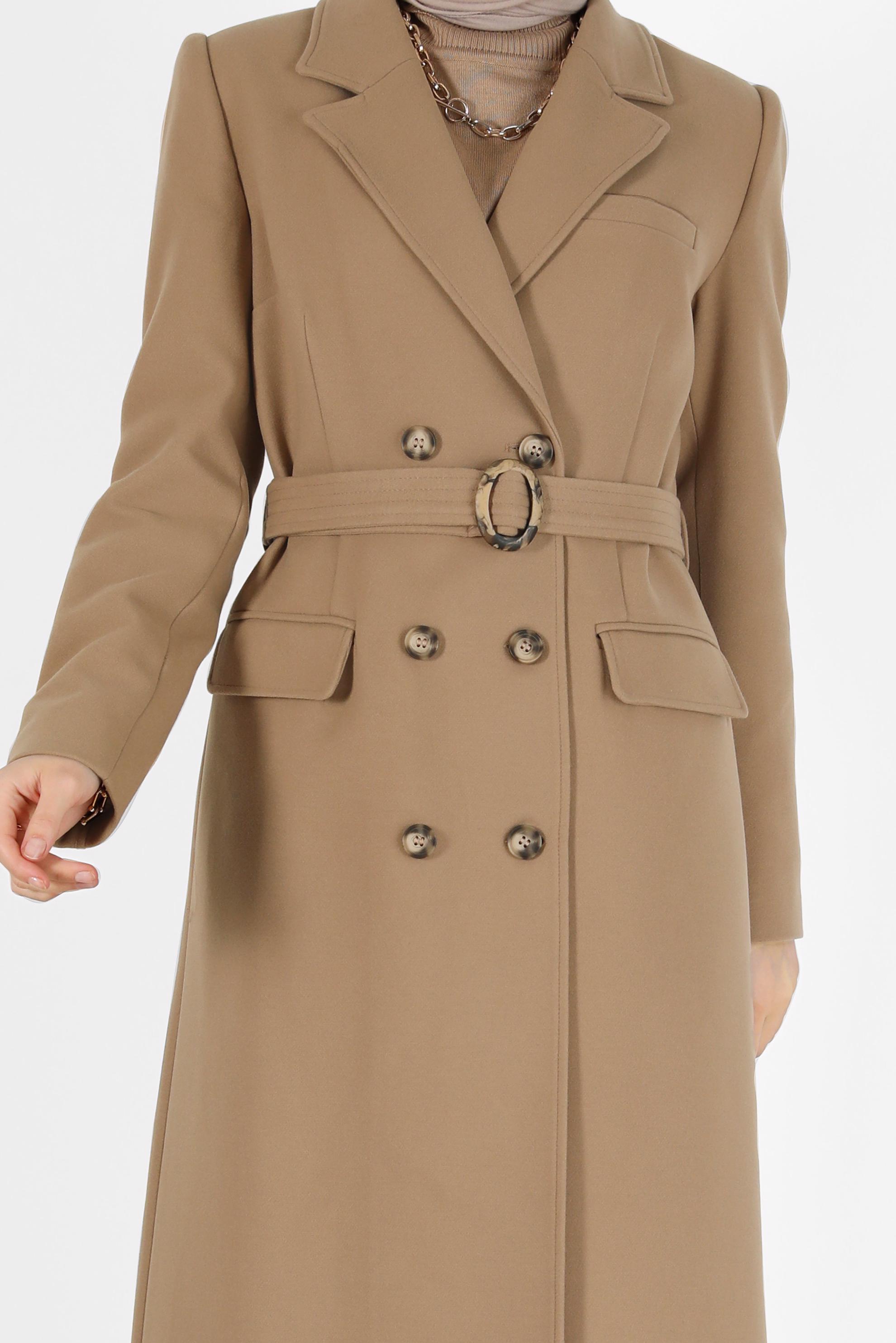 Tesettür giyim KAHVE KRUVAZE YAKA KUŞAKLI KABAN 90229	