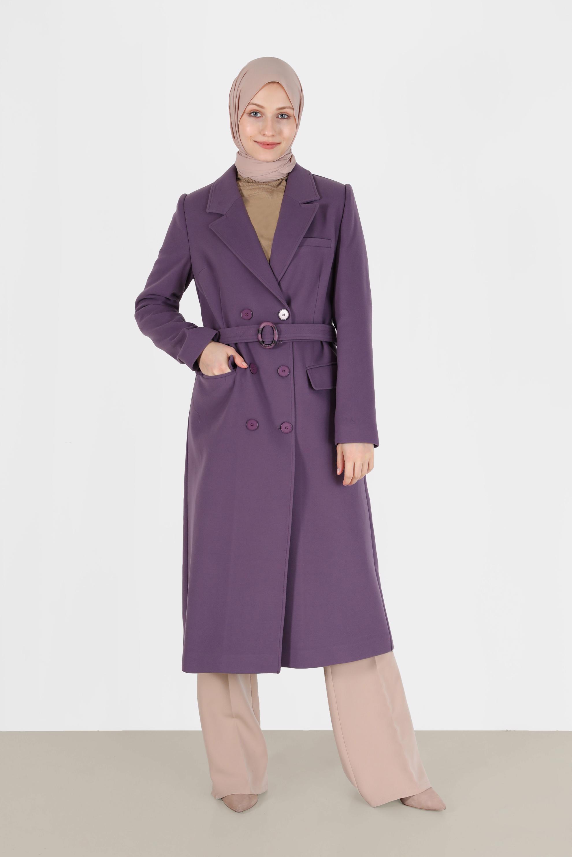 Vêtements hijab POURPRE MANTEAU À DOUBLE BOUTONNAGE ET CEINTURE 90229