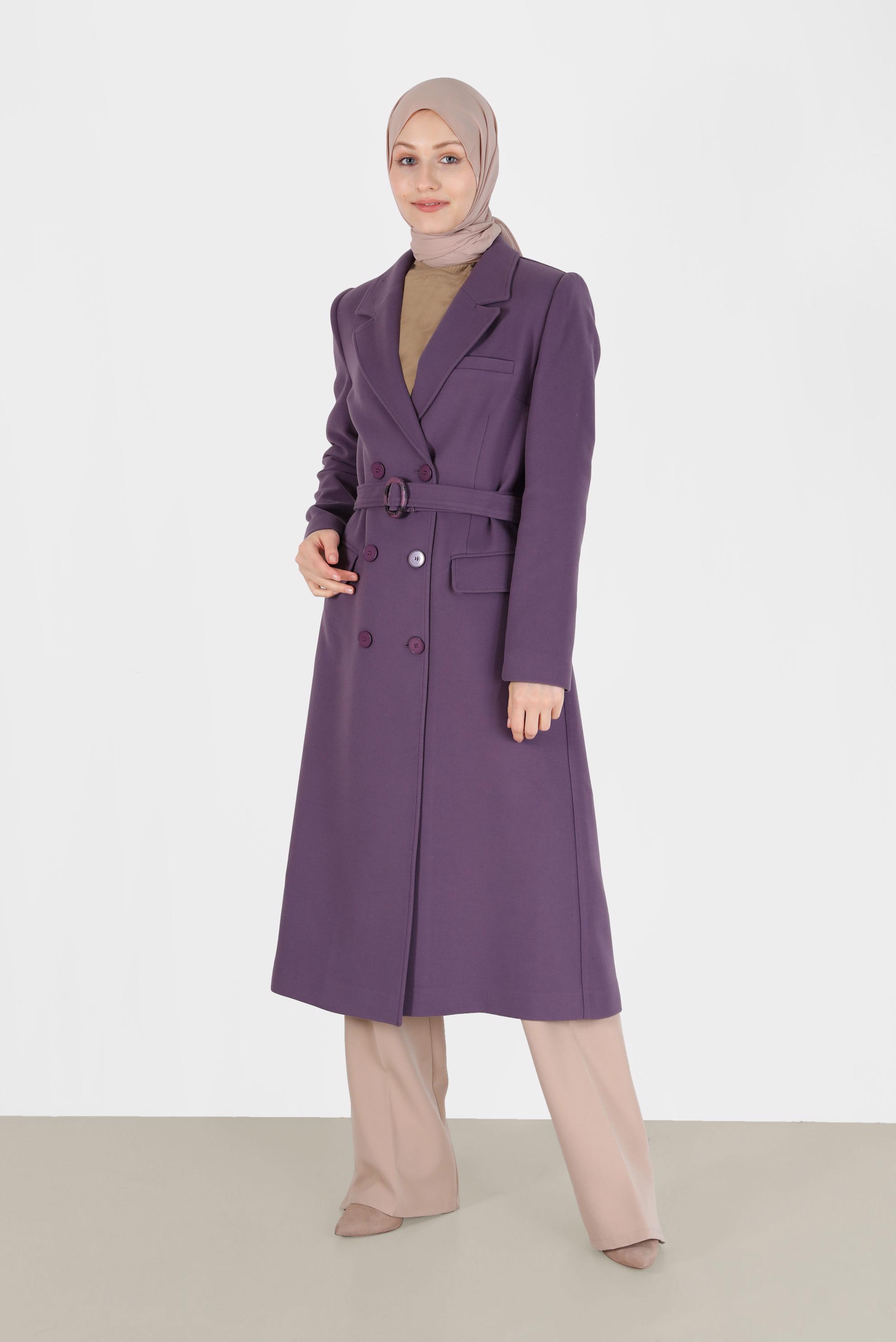 Vêtements hijab POURPRE MANTEAU À DOUBLE BOUTONNAGE ET CEINTURE 90229