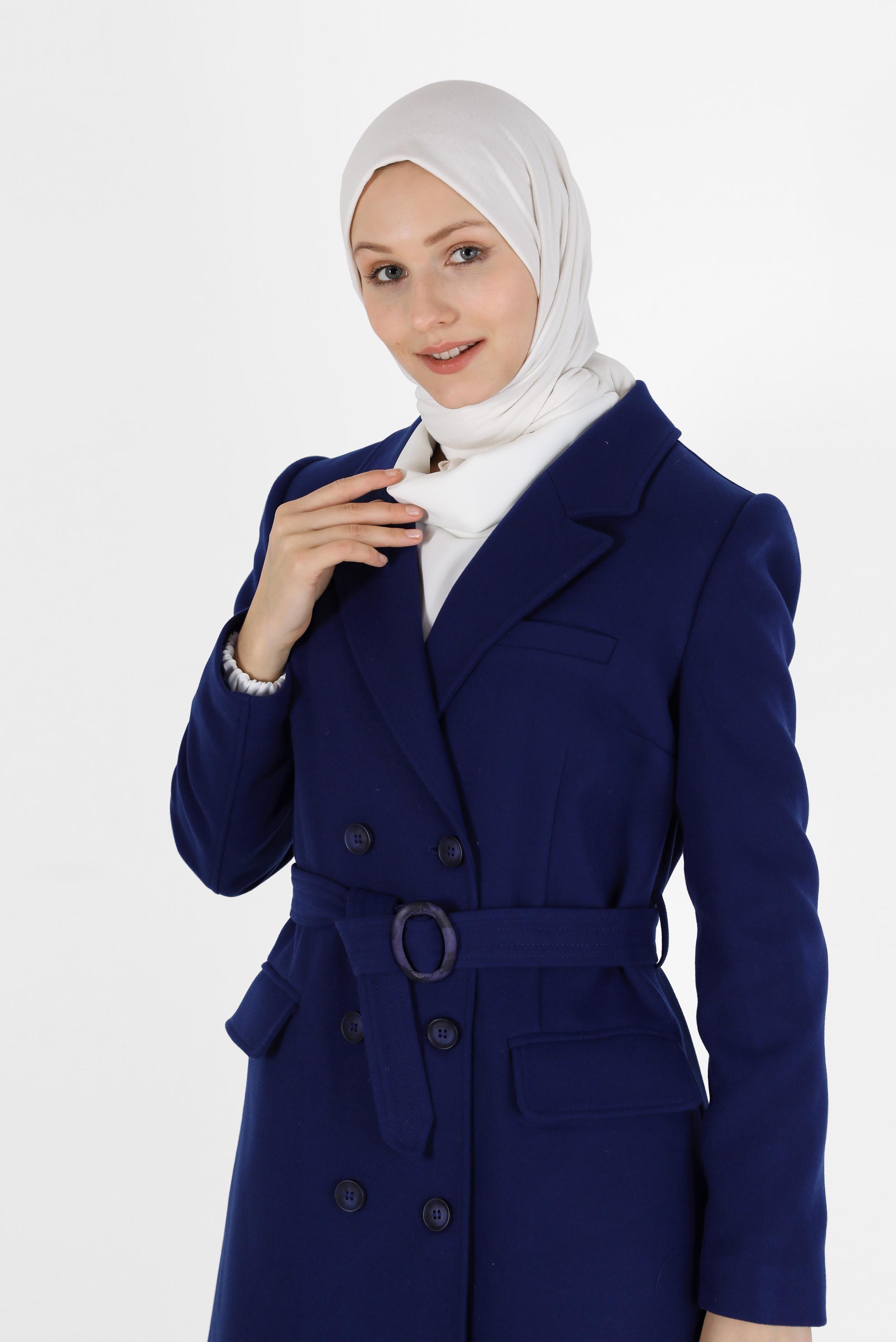 Tesettür giyim MAVİ KRUVAZE YAKA KUŞAKLI KABAN 90229	