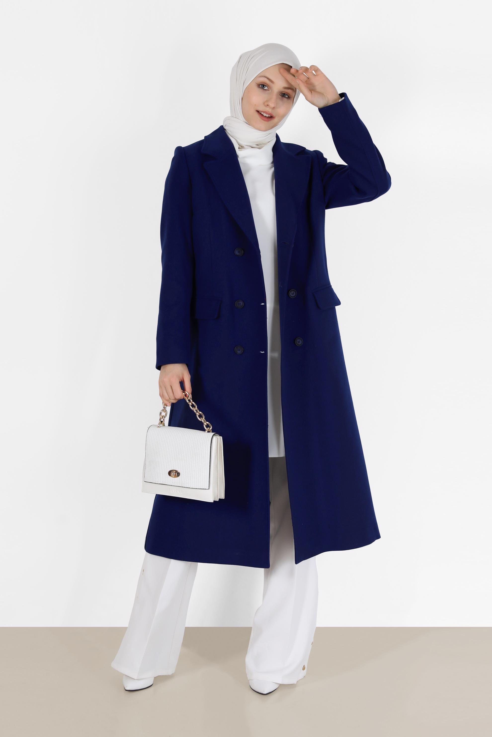 Tesettür giyim MAVİ KRUVAZE YAKA KUŞAKLI KABAN 90229	