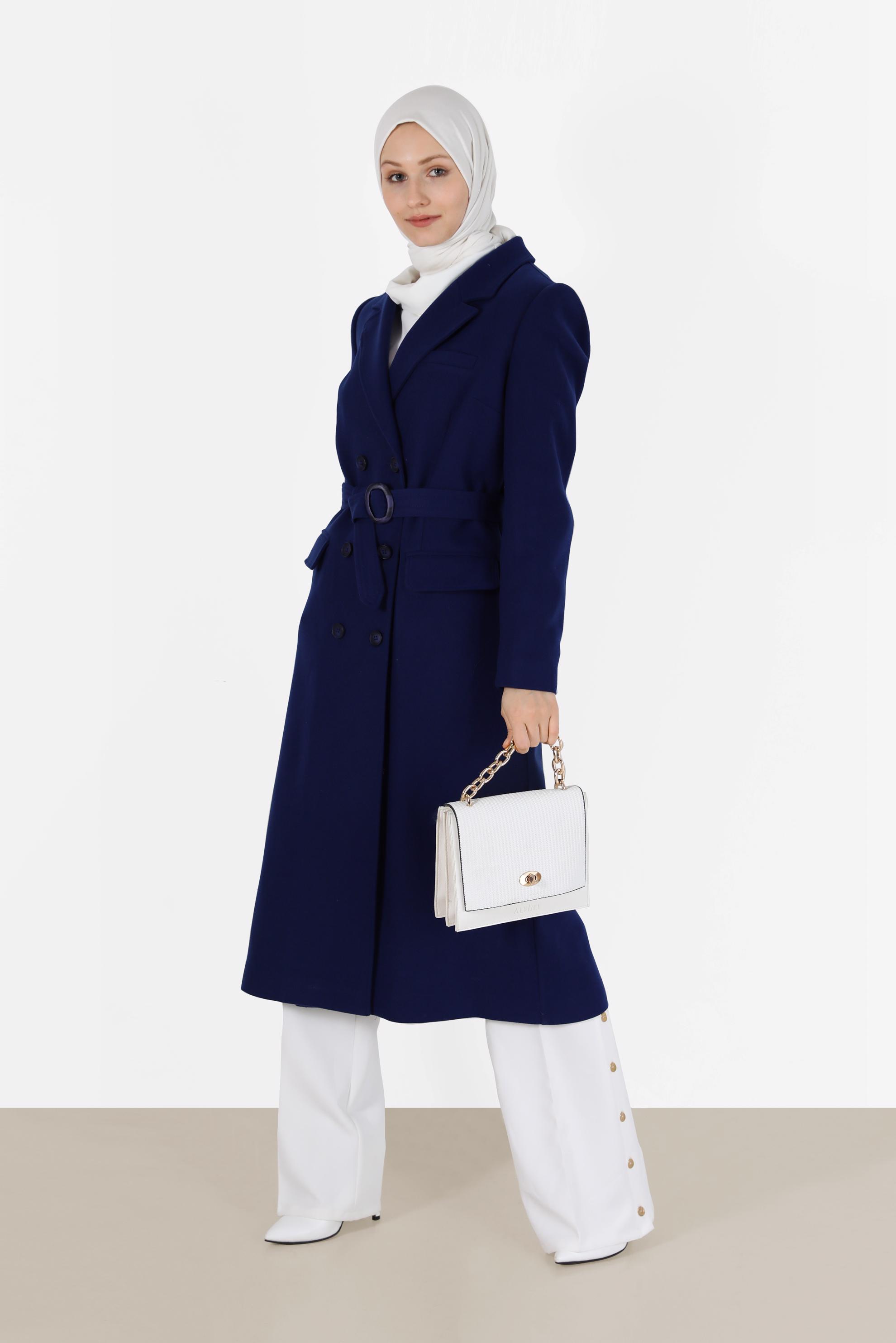 Tesettür giyim MAVİ KRUVAZE YAKA KUŞAKLI KABAN 90229	