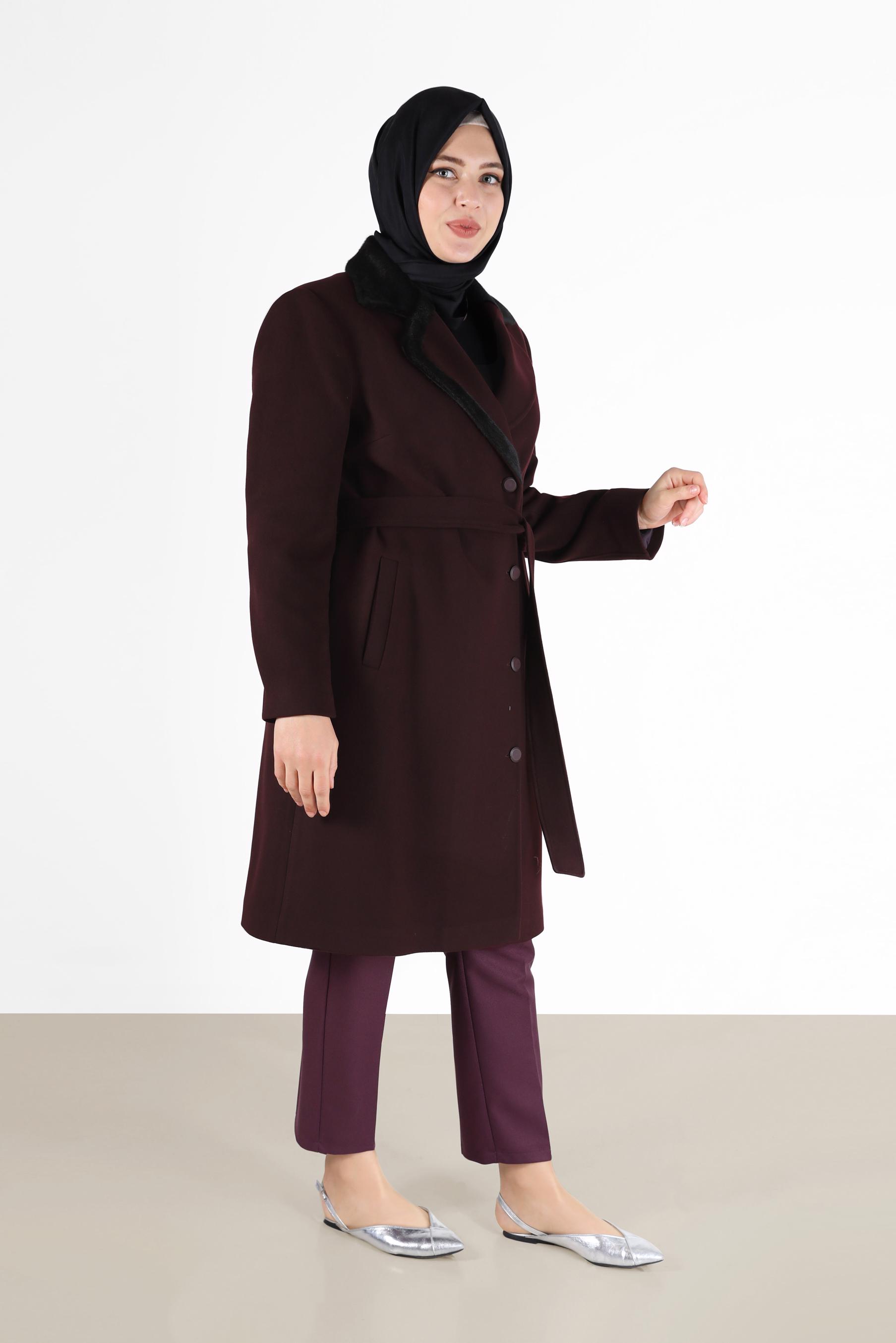 Vêtements hijab PRUNE MANTEAU DOUBLE BOUTONNAGE CEINTURE DÉTAILS FOURRURE 90233