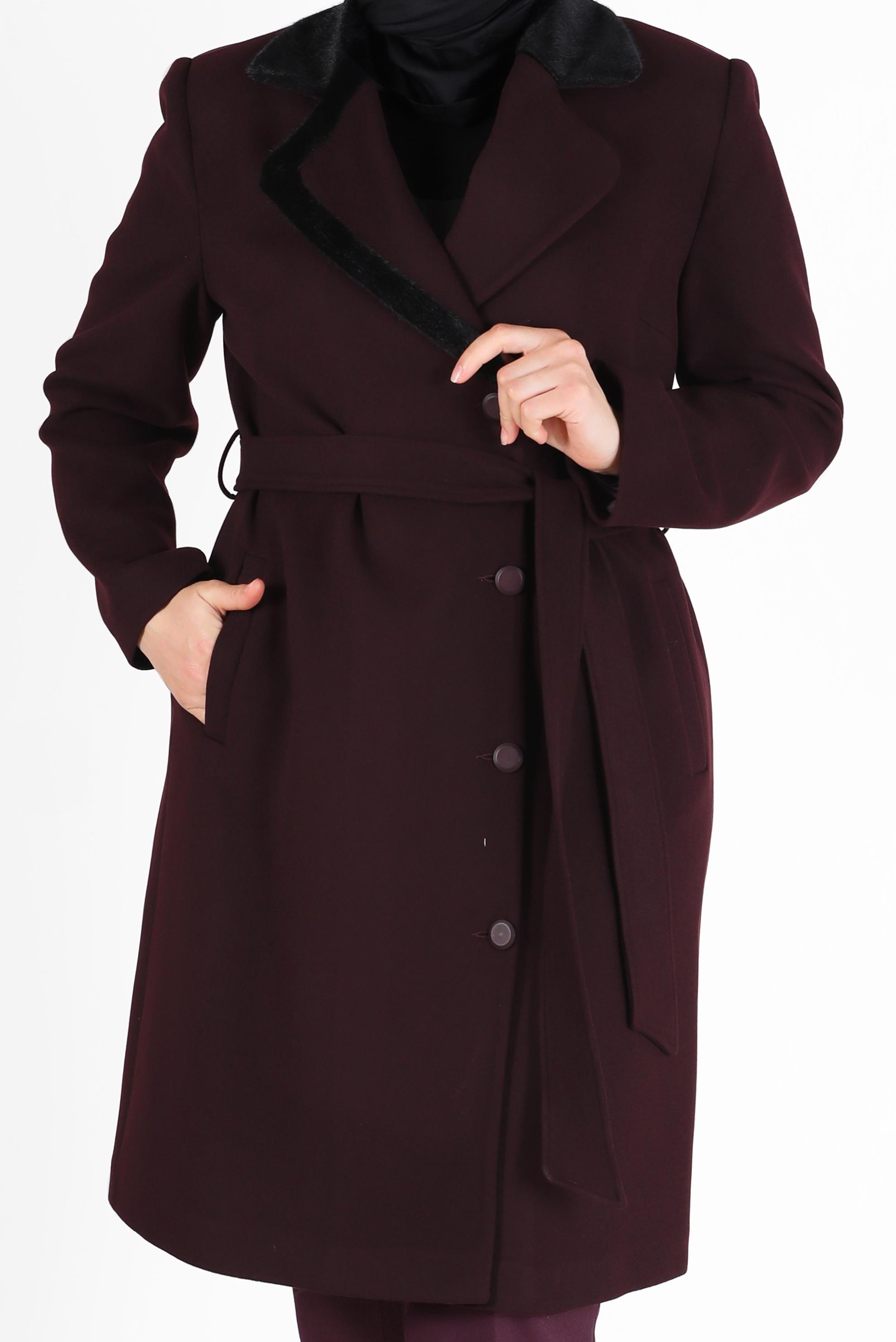 Vêtements hijab PRUNE MANTEAU DOUBLE BOUTONNAGE CEINTURE DÉTAILS FOURRURE 90233