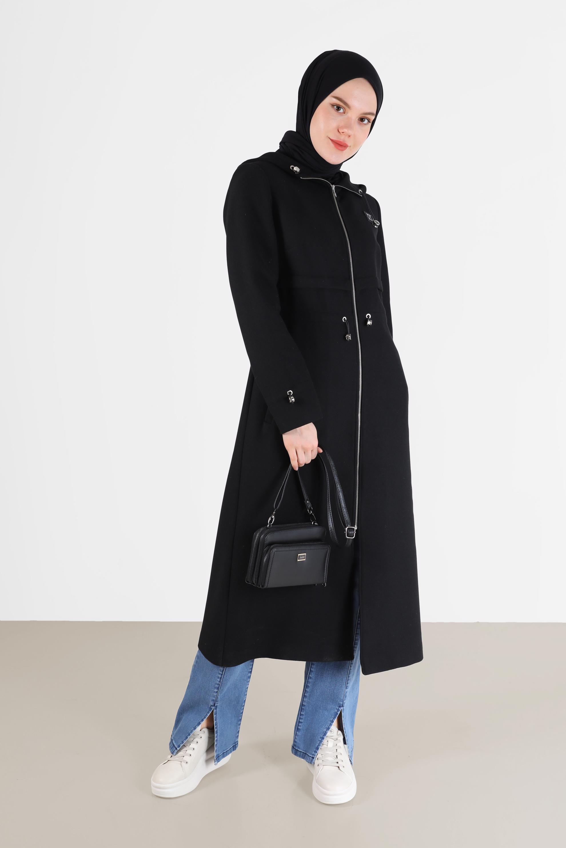 Vêtements hijab NOIR MANTEAU À CAPUCHE TAILLE FRONCÉE 90236