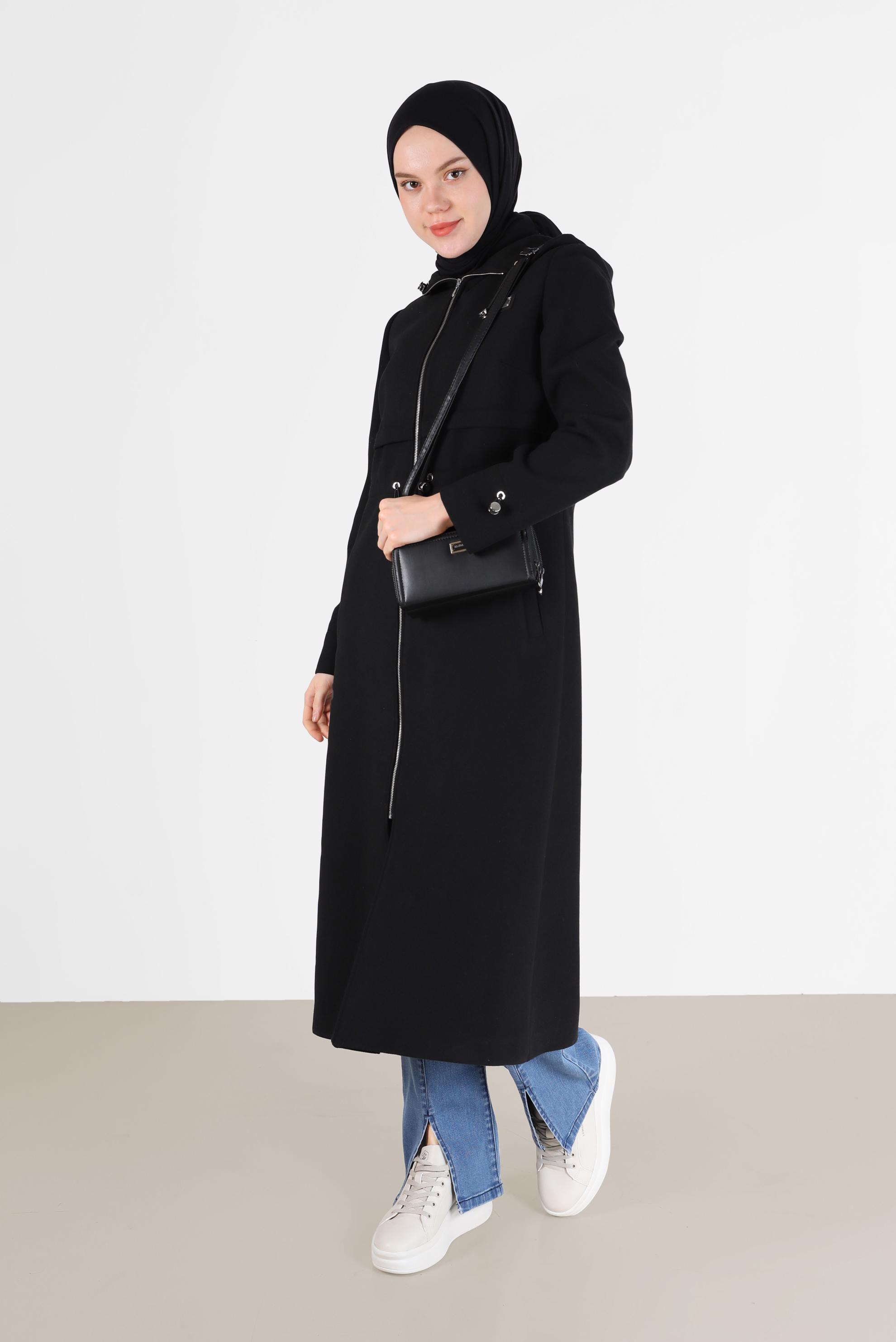Vêtements hijab NOIR MANTEAU À CAPUCHE TAILLE FRONCÉE 90236