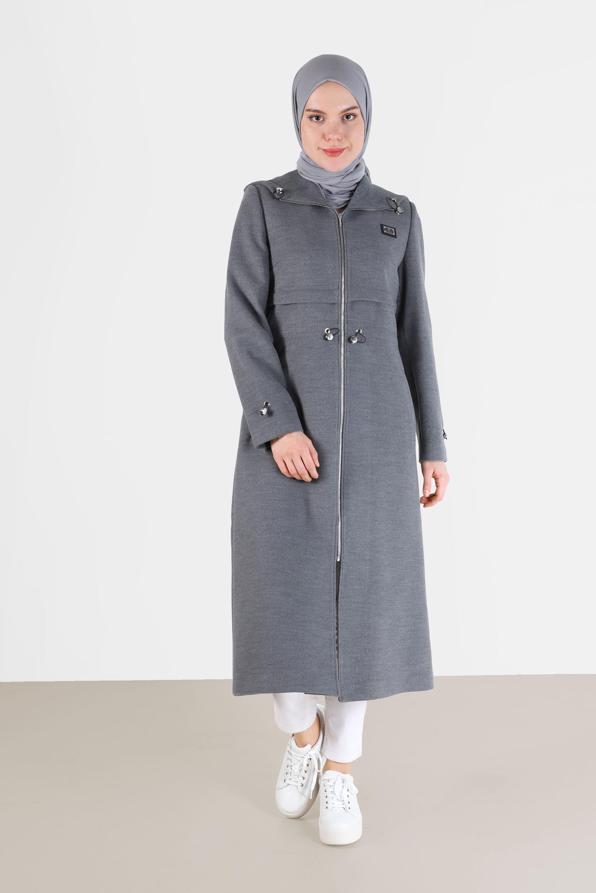 Hijab clothing GREY GATHERED WAIST HOODED COAT 90236 